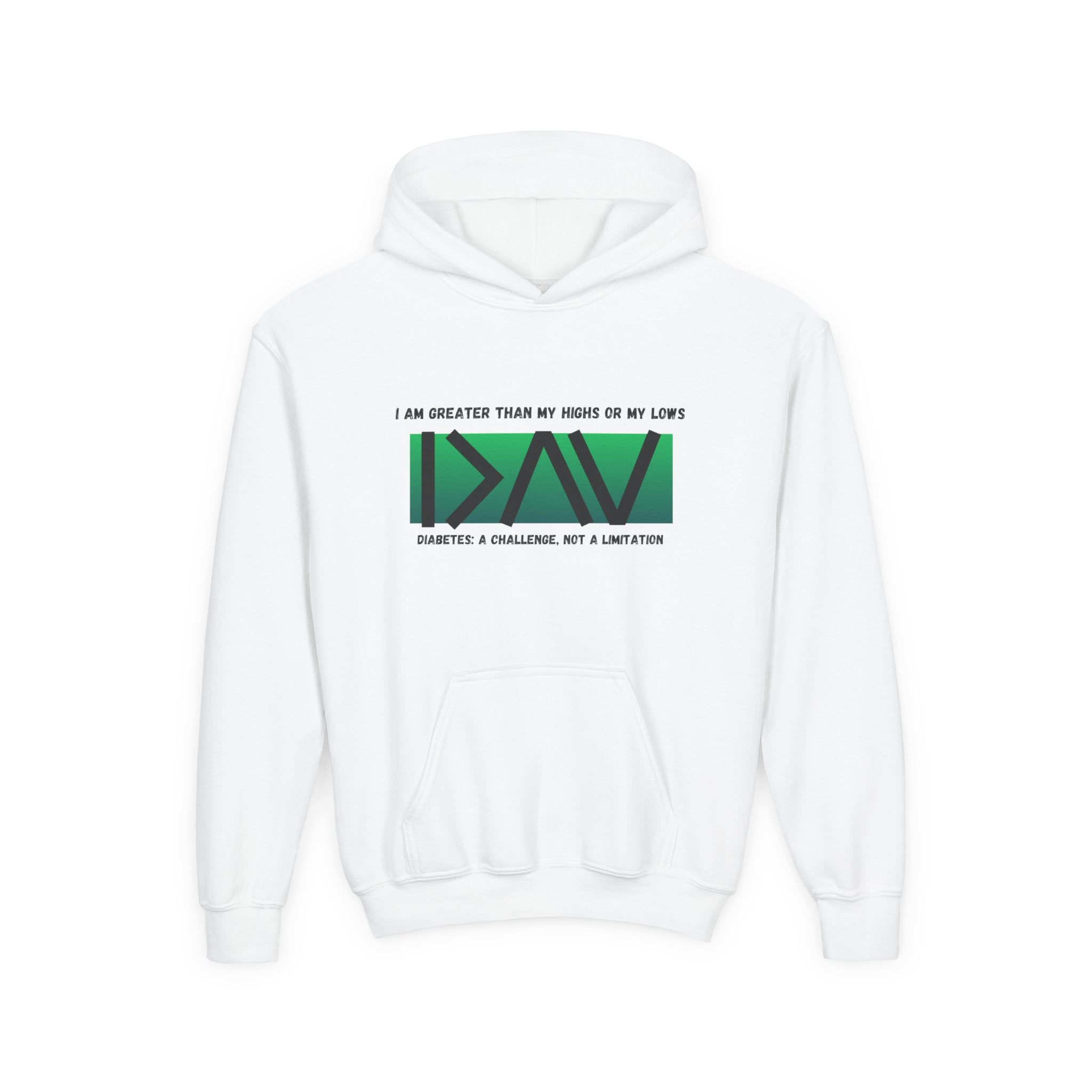 The Diabuddies Store I am Greater than (Green) - Youth Hoodie I am Greater than (Green) - Youth Hoodie: Celebrate resilience and strength with this Youth Hoodie! It's a powerful symbol for young individuals living with diabetes, reminding them that they a
