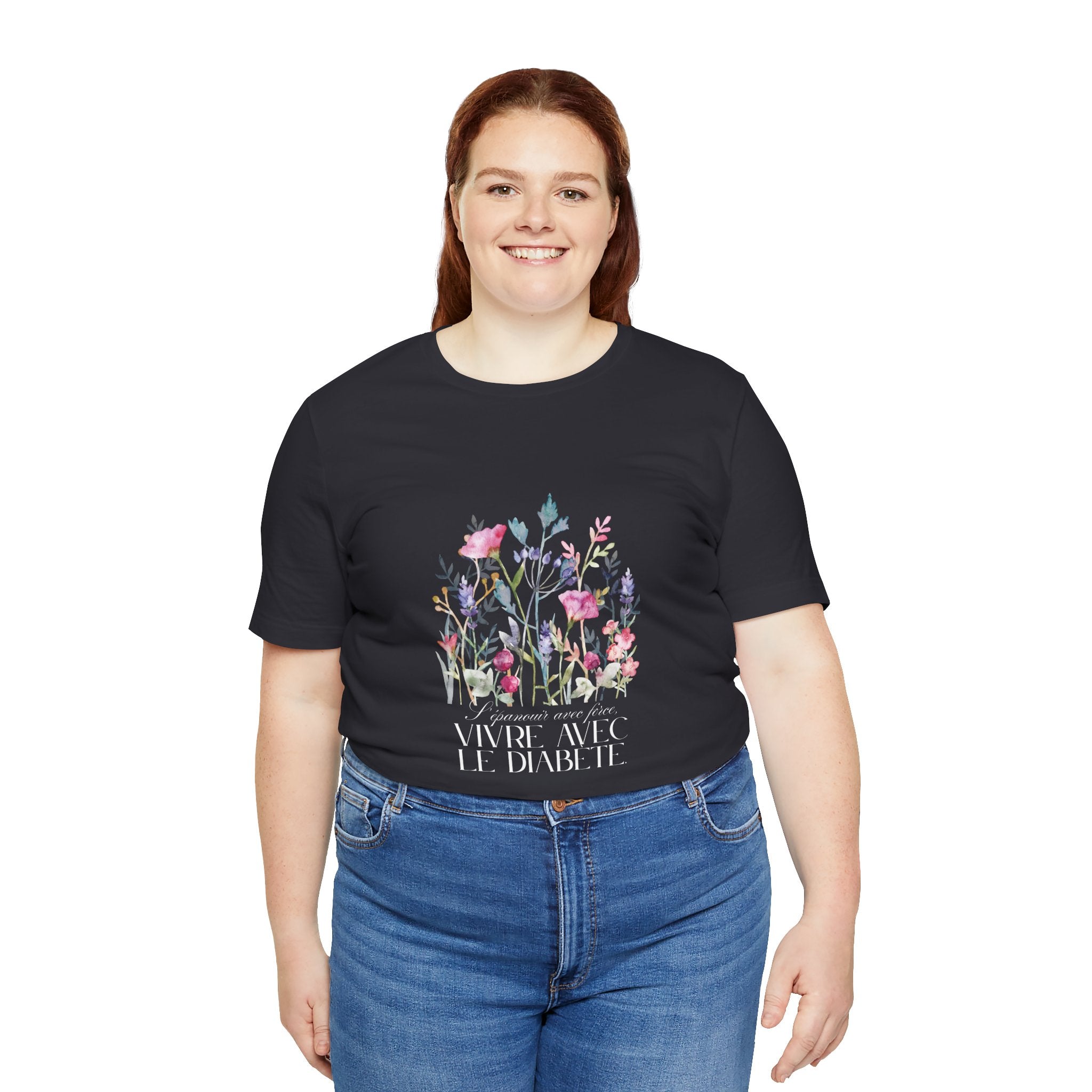 The Diabuddies Store Blossoming Strong, Living with Diabetes. (French) Unisex Tee Blossoming Strong, Living with Diabetes. (French) Unisex Tee: Wear your strength proudly! Our "S'épanouir avec force, vivre avec le diabète." Unisex Tee is a beautiful remin