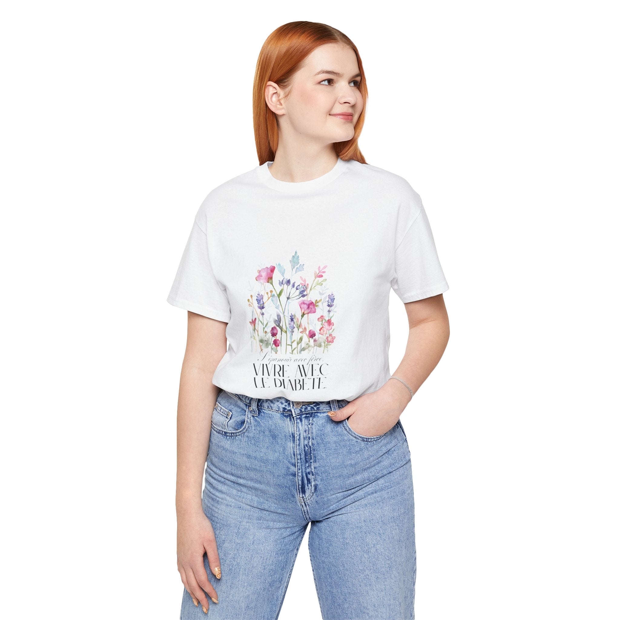 The Diabuddies Store Blossoming Strong, Living with Diabetes. (French) Unisex Tee Blossoming Strong, Living with Diabetes. (French) Unisex Tee: Wear your strength proudly! Our "S'épanouir avec force, vivre avec le diabète." Unisex Tee is a beautiful remin