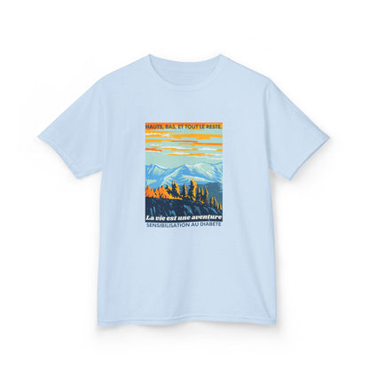 The Diabuddies Store Life is an Adventure, Highs & Lows (French) - kids Tee Life is an Adventure, Highs & Lows (French) - kids Tee: Hey adventurers! 🎉 Get ready to explore the world in our Diabetes: Life is an Adventure - French Kids Tee! This super cool