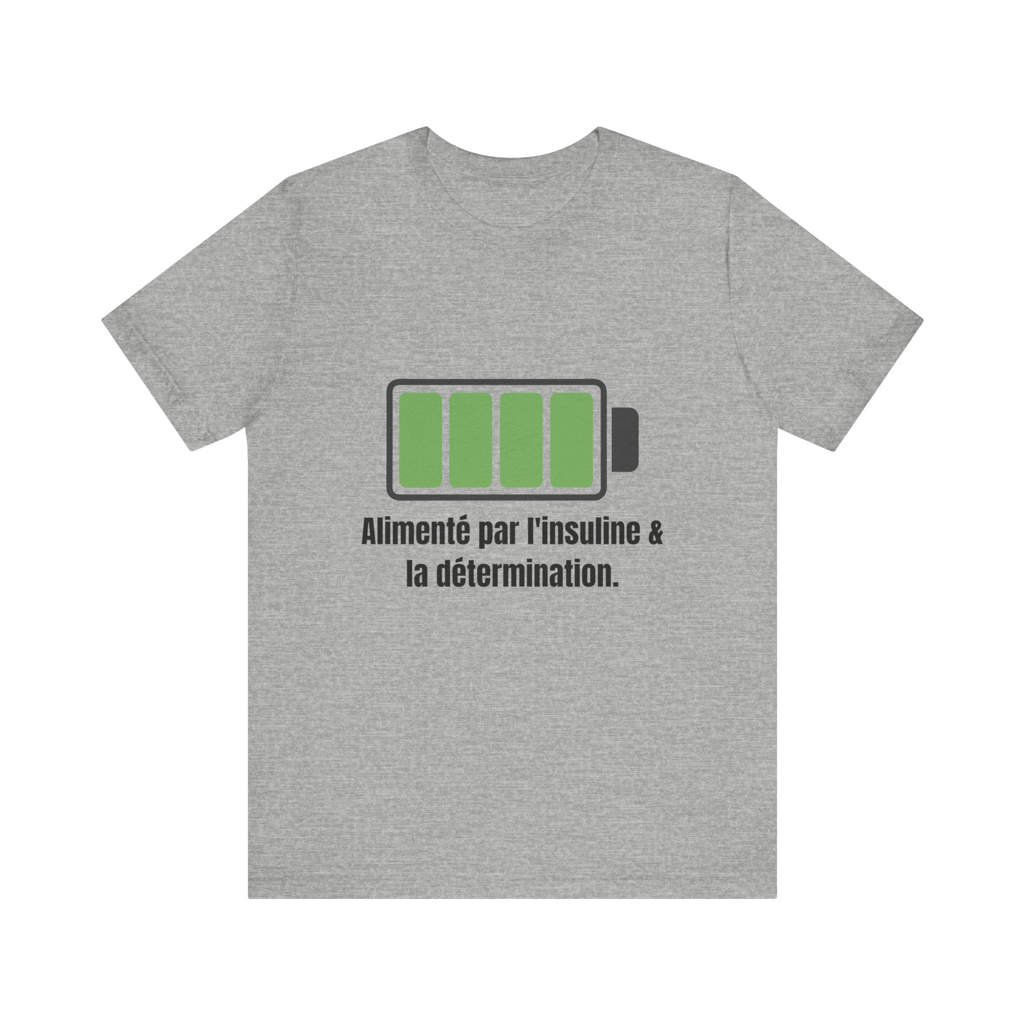 The Diabuddies Store Powered By Insulin (French) - Unisex Tee Powered By Insulin (French) - Unisex Tee: Wear your power with pride! Our "Alimenté par l'insuline et la détermination" Unisex Tee is a bold, comfortable statement of strength and gratitude. T-