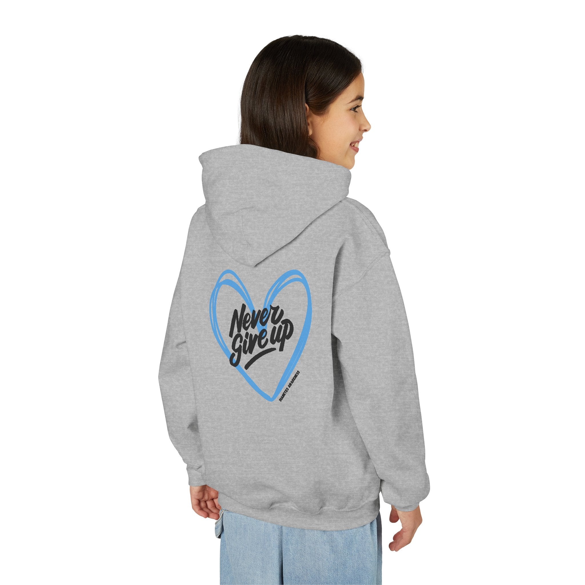 The Diabuddies Store Never Give Up! - Youth Hoodie A powerful statement for the young warriors of the diabetes community. This super soft, comfortable hoodie is the perfect way to share a message of strength, resilience, and hope. Hoodies Kids clothes Awa