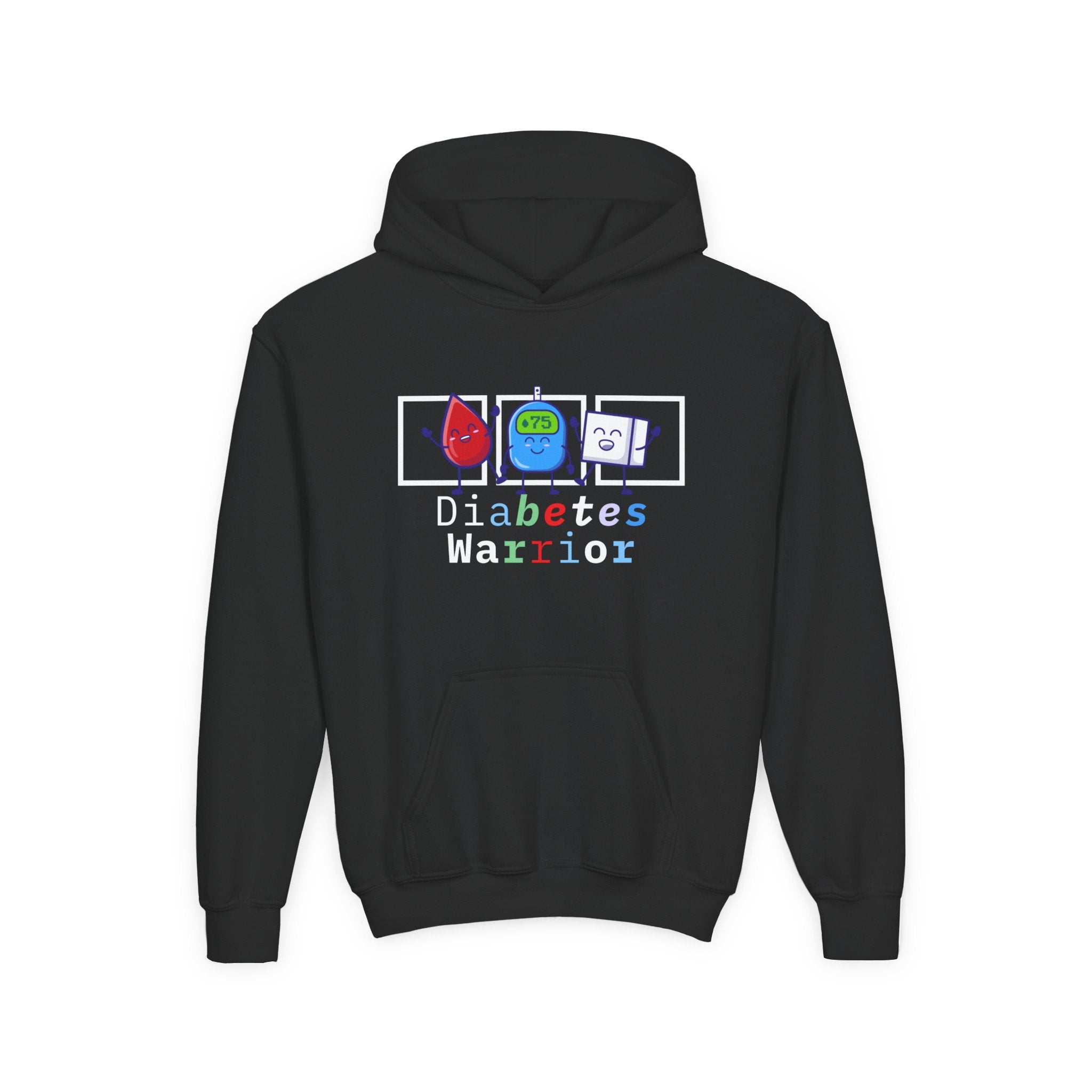 The Diabuddies Store Diabetes Warrior (with icons) - Youth Hoodie Diabetes Warrior (with icons) - Youth Hoodie: Empower your young champion with our "Diabetes Warrior" Youth Hoodie! This super-comfy hoodie proudly displays the spirit of a true warrior, fe