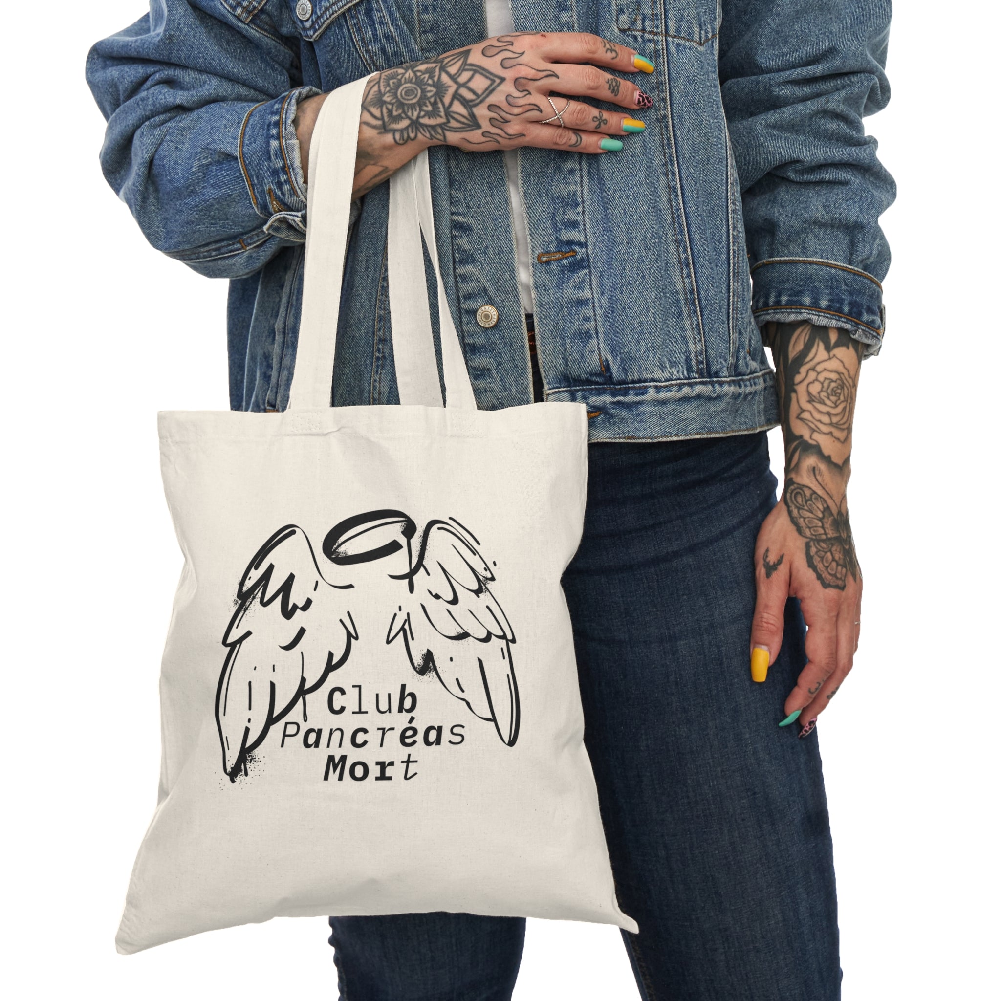 The Diabuddies Store Dead Pancreas Club, Angel Wings (French) - Tote Bags Dead Pancreas Club, Angel Wings (French) - Tote Bags: Carry your essentials with French elegance and a dash of wit. This durable canvas tote, playfully named "Dead Pancreas Club," f