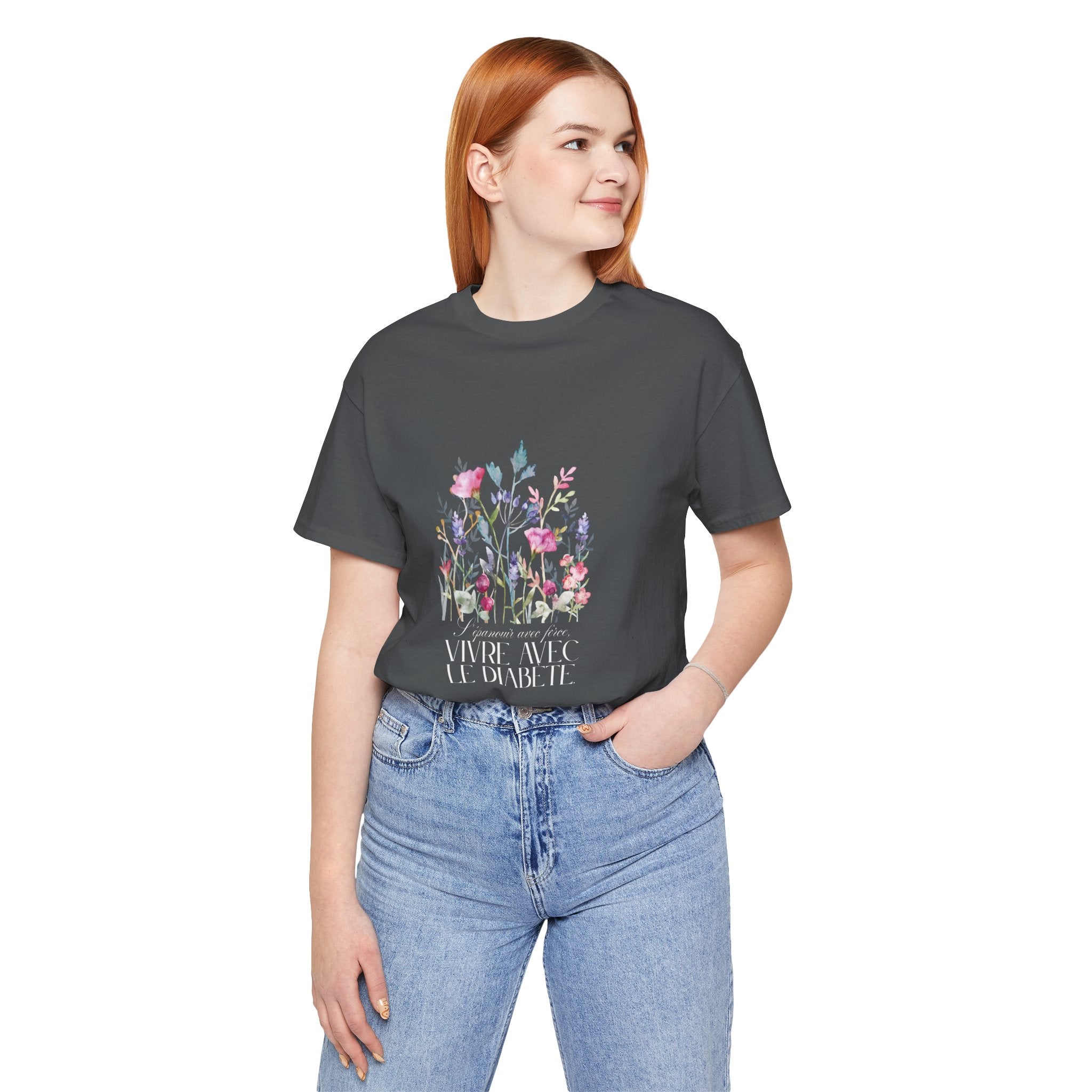 The Diabuddies Store Blossoming Strong, Living with Diabetes. (French) Unisex Tee Blossoming Strong, Living with Diabetes. (French) Unisex Tee: Wear your strength proudly! Our "S'épanouir avec force, vivre avec le diabète." Unisex Tee is a beautiful remin