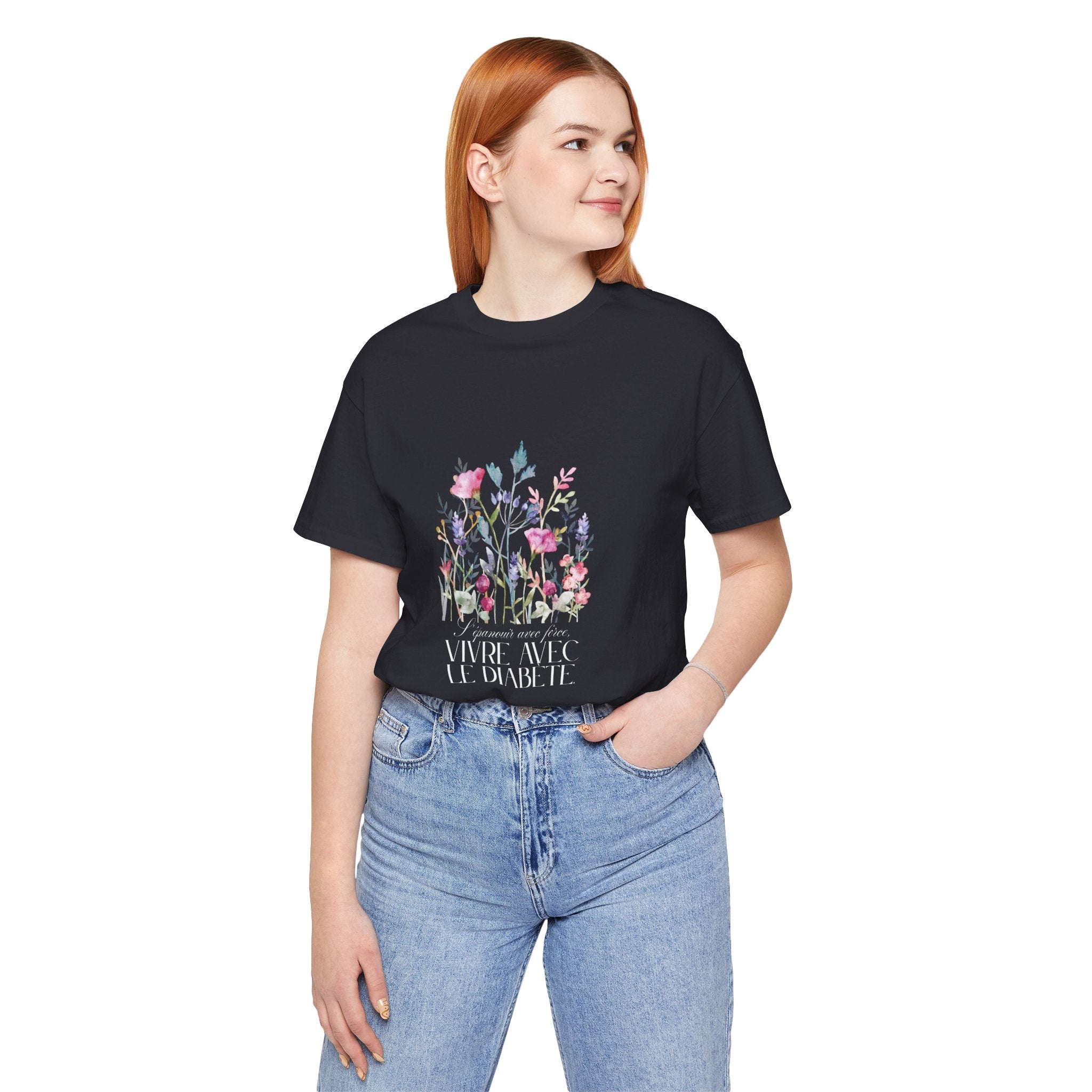The Diabuddies Store Blossoming Strong, Living with Diabetes. (French) Unisex Tee Blossoming Strong, Living with Diabetes. (French) Unisex Tee: Wear your strength proudly! Our "S'épanouir avec force, vivre avec le diabète." Unisex Tee is a beautiful remin