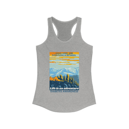 The Diabuddies Store Life is an Adventure, highs & lows - Racerback Tank Life is an Adventure, highs & lows - Racerback Tank: Embrace every twist and turn of your journey with our Diabetes: Life is an Adventure - Racerback Tank. Designed for comfort and s