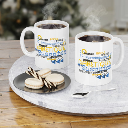 The Diabuddies Store Uplifted & Unleashed (French) - Mug 11oz Uplifted & Unleashed - Mug 11oz: Embrace your strength, defy the odds. The "Uplifted & Unleashed" French mug is more than just a mug; it's a vibrant testament to the diabetic warrior within. Ad