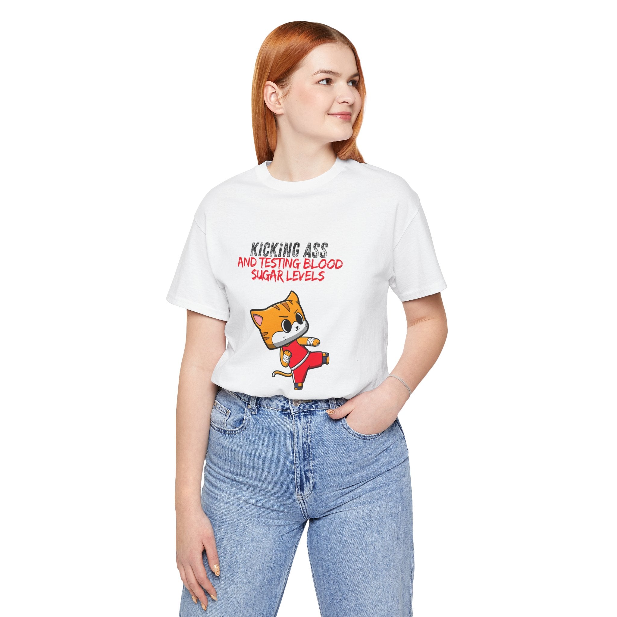 The Diabuddies Store Kicking Ass and Testing Blood Sugar Levels - Unisex Tee Kicking Ass and Testing Blood Sugar Levels - Unisex Tee: This tee is for anyone who faces their daily diabetes routine with a fighting spirit and a good dose of humor. T-Shirts $