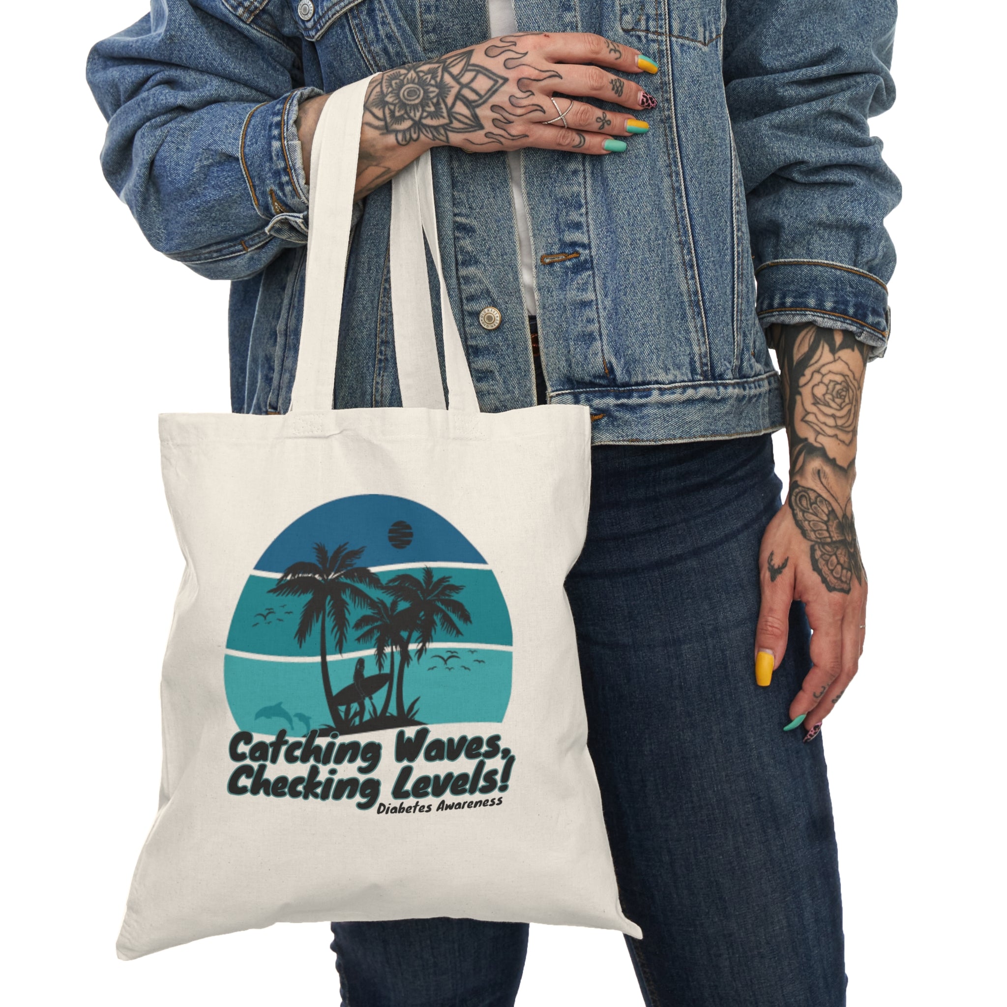The Diabuddies Store Catching Waves, Checking my Levels - Tote Bags Catching Waves, Checking my Levels - Tote Bags: Ride the flow of life in our Tote Bag. This comfortable and stylish tank is perfect for your active lifestyle, whether you're hitting the s