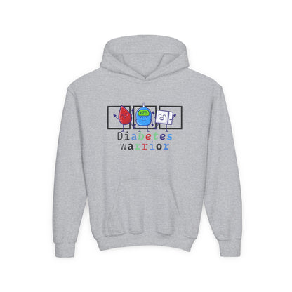 The Diabuddies Store Diabetes Warrior (with icons) - Youth Hoodie Diabetes Warrior (with icons) - Youth Hoodie: Empower your young champion with our "Diabetes Warrior" Youth Hoodie! This super-comfy hoodie proudly displays the spirit of a true warrior, fe
