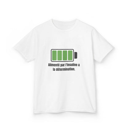 The Diabuddies Store Powered by Insulin (French) - Kids Tee Powered by Insulin (French) - Kids Tee: Hey, super kid! Show off your power with our "Alimenté par l'insuline & la détermination" tee! This soft, comfy shirt lets everyone know how awesome you ar