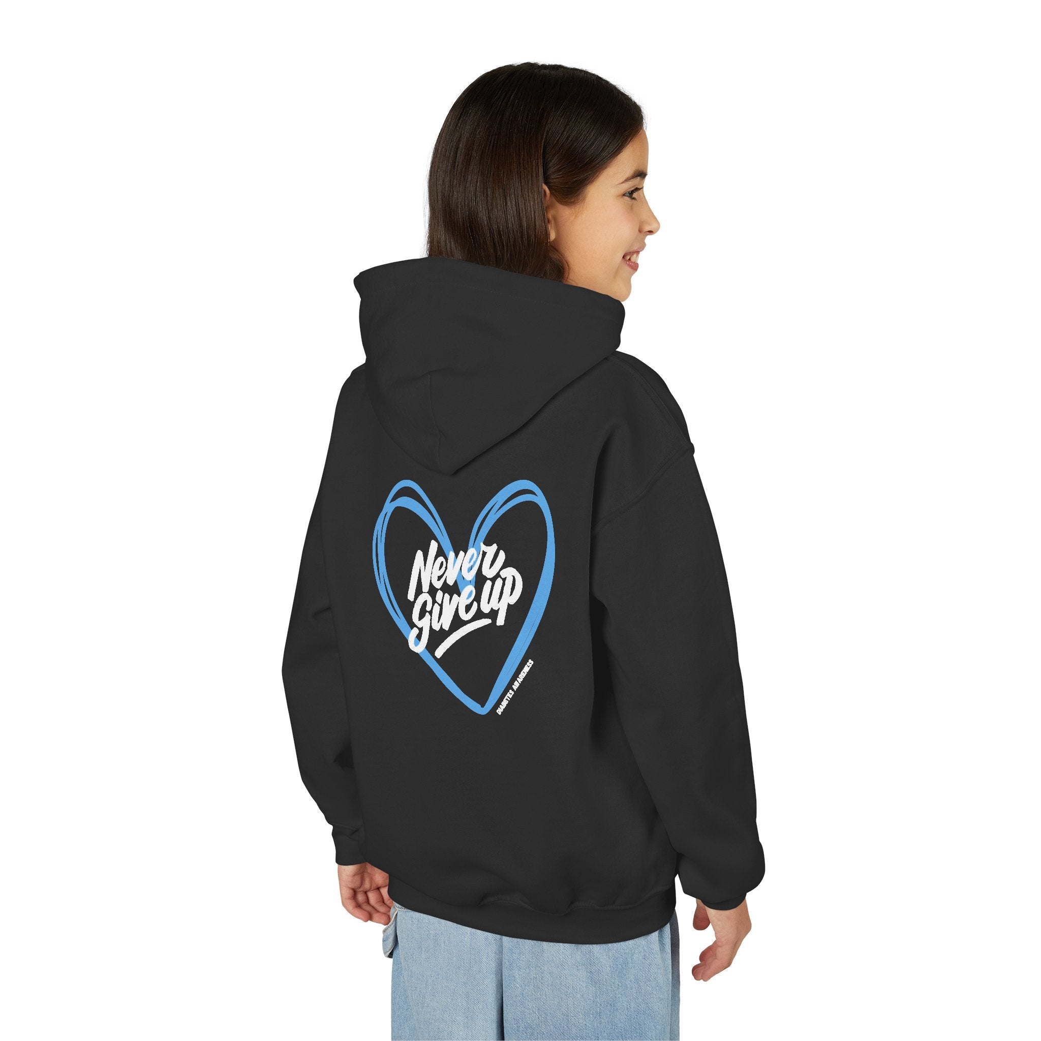 The Diabuddies Store Never Give Up! - Youth Hoodie A powerful statement for the young warriors of the diabetes community. This super soft, comfortable hoodie is the perfect way to share a message of strength, resilience, and hope. Hoodies Kids clothes Awa