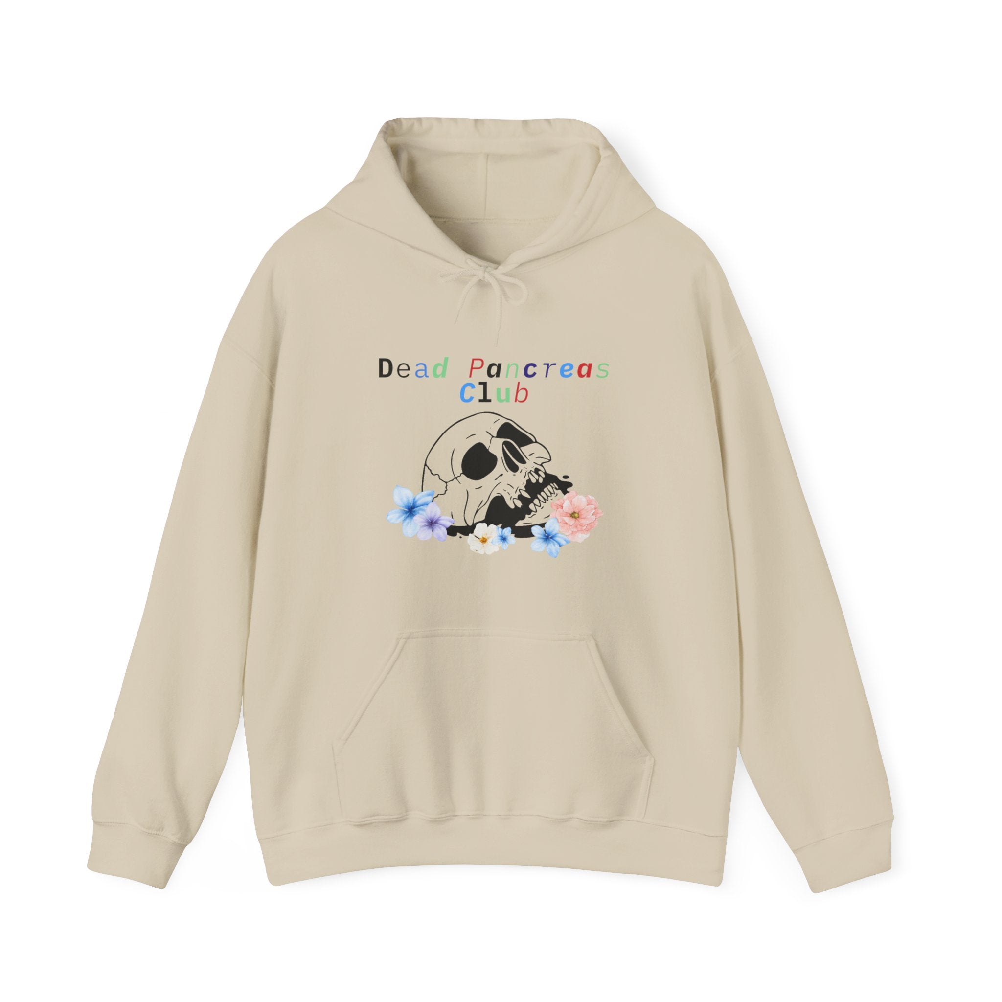 The Diabuddies Store Skull & Flowers, Dead Pancreas Club - Unisex Hoodie Skull & Flowers, Dead Pancreas Club - Unisex Hoodie: Cozy defiance! This unique hoodie blends skulls, flowers, and "Dead Pancreas Club" for a raw, humorous take on life with diabetes