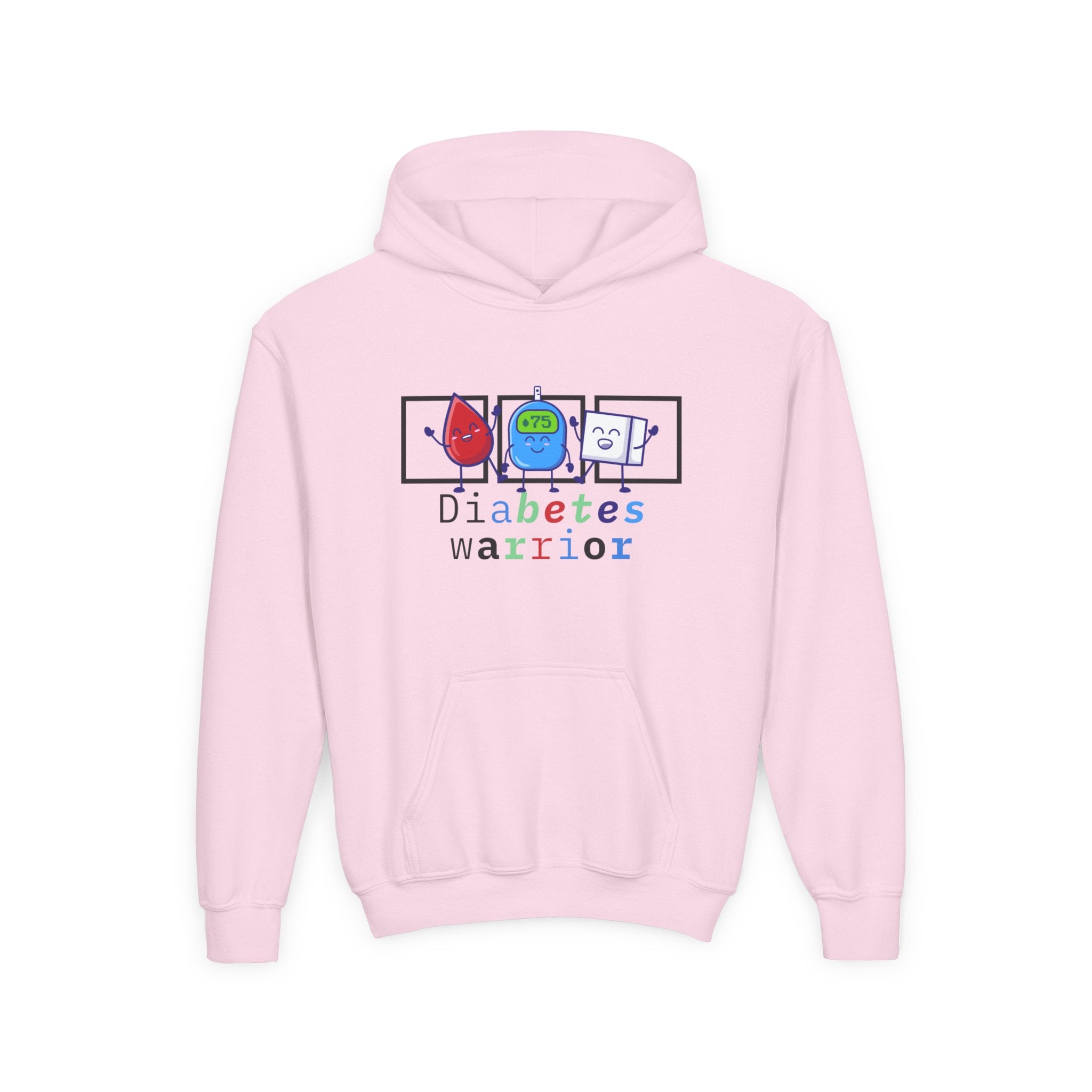 The Diabuddies Store Diabetes Warrior (with icons) - Youth Hoodie Diabetes Warrior (with icons) - Youth Hoodie: Empower your young champion with our "Diabetes Warrior" Youth Hoodie! This super-comfy hoodie proudly displays the spirit of a true warrior, fe