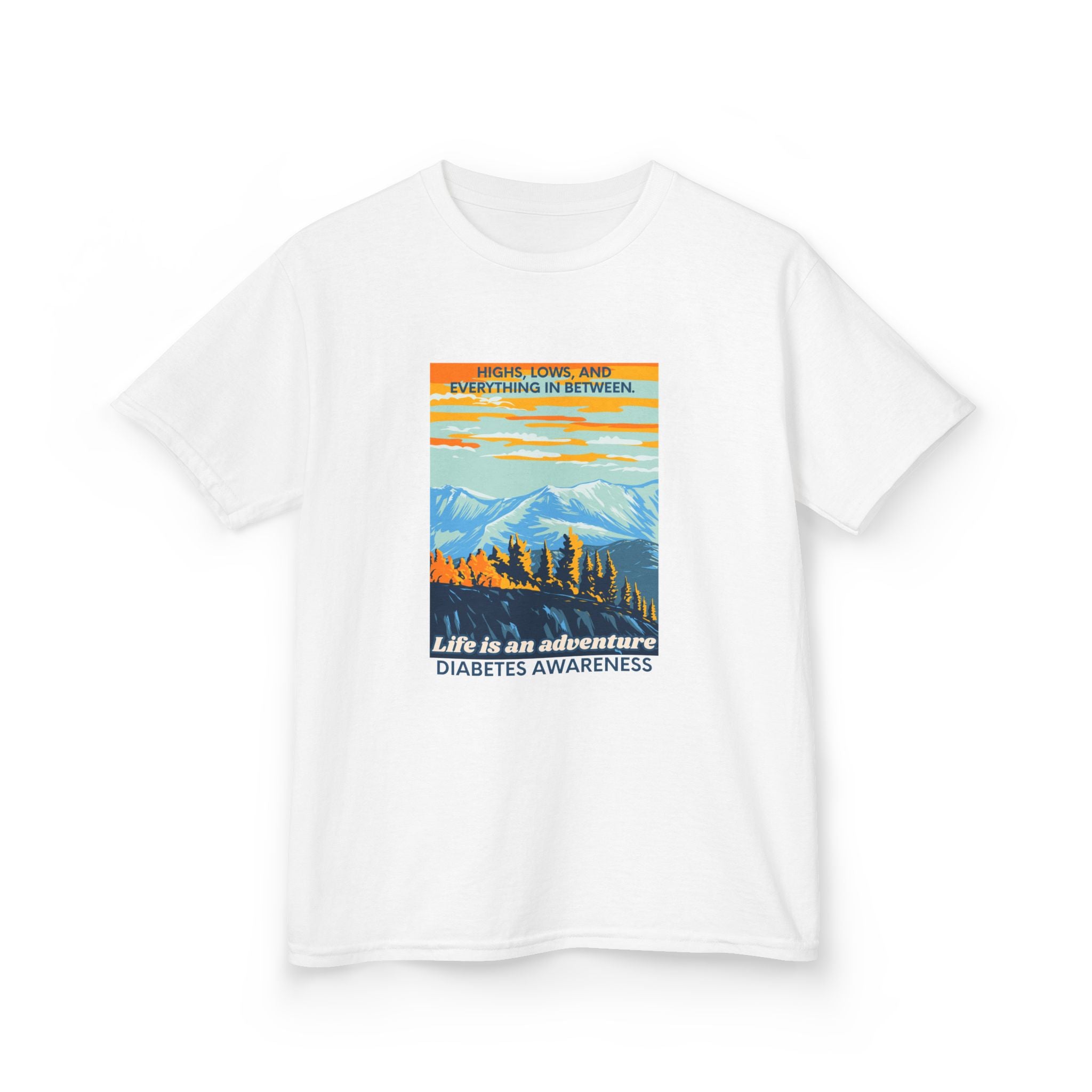 The Diabuddies Store Life is an Adventure, Highs & Lows - kids Tee Life is an Adventure, Highs & Lows - kids Tee: Hey adventurers! 🎉 Get ready to explore the world in our Diabetes: Life is an Adventure - Kids Tee! This super cool and comfy t-shirt is per