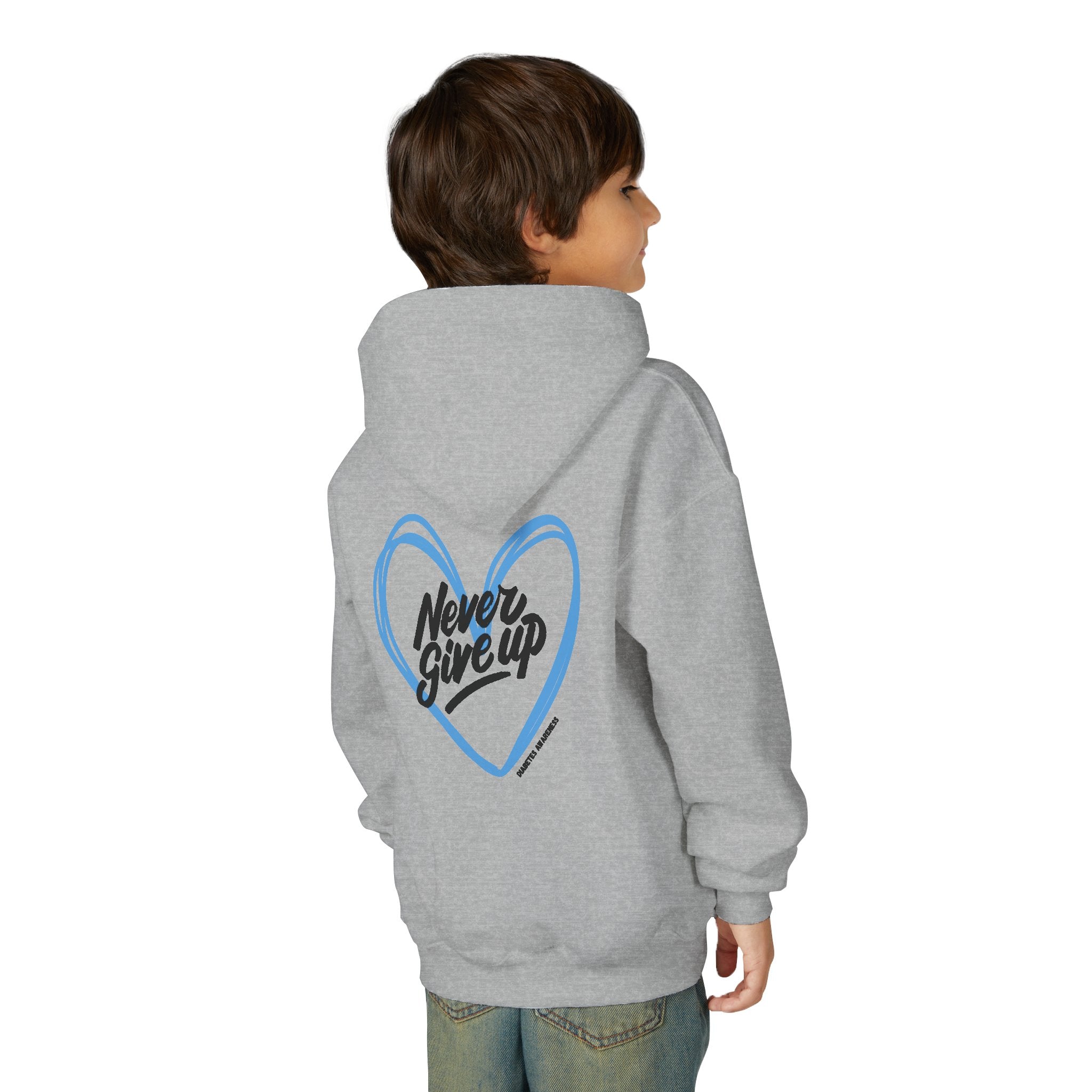 The Diabuddies Store Never Give Up! - Youth Hoodie A powerful statement for the young warriors of the diabetes community. This super soft, comfortable hoodie is the perfect way to share a message of strength, resilience, and hope. Hoodies Kids clothes Awa