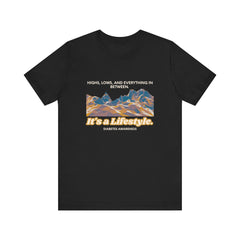 The Diabuddies Store Highs, Lows, and Everything in Between - Unisex Tee Life's a rollercoaster, and this tee gets it! Our "Highs, Lows, and Everything in Between" shirt is for anyone who embraces the wild ride of life, with all its ups, downs, and unexpe