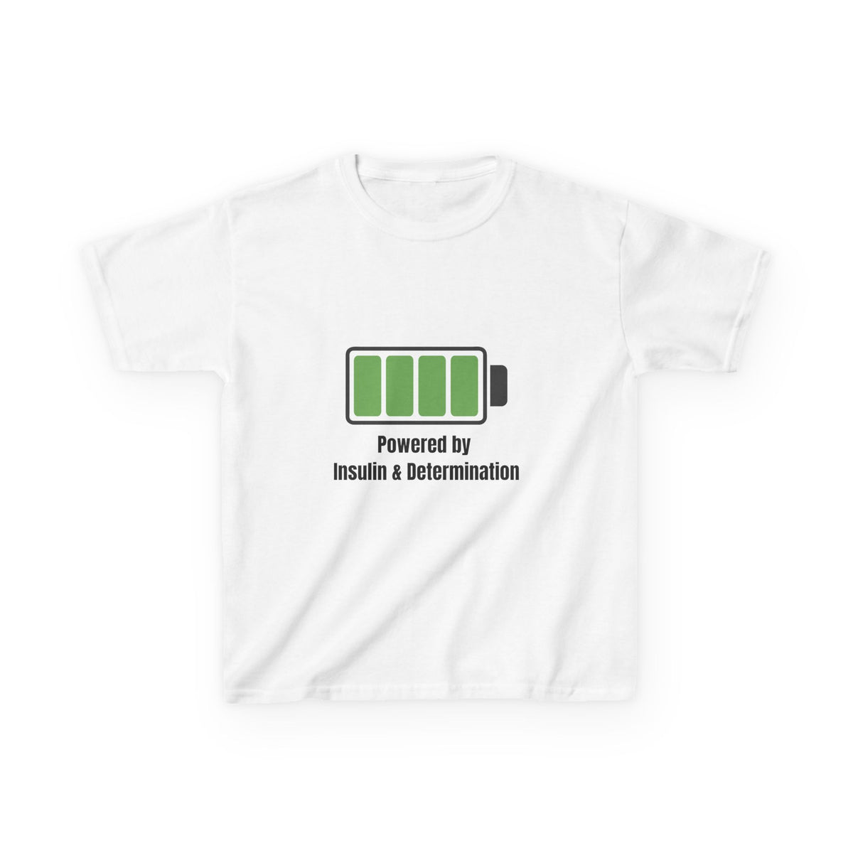The Diabuddies Store Powered by Insulin and Determination - Kids Tee Powered by Insulin and Determination - Kids Tee: Hey, super kid! Show off your power with our "Powered By Insulin" tee! This soft, comfy shirt lets everyone know how awesome you are and