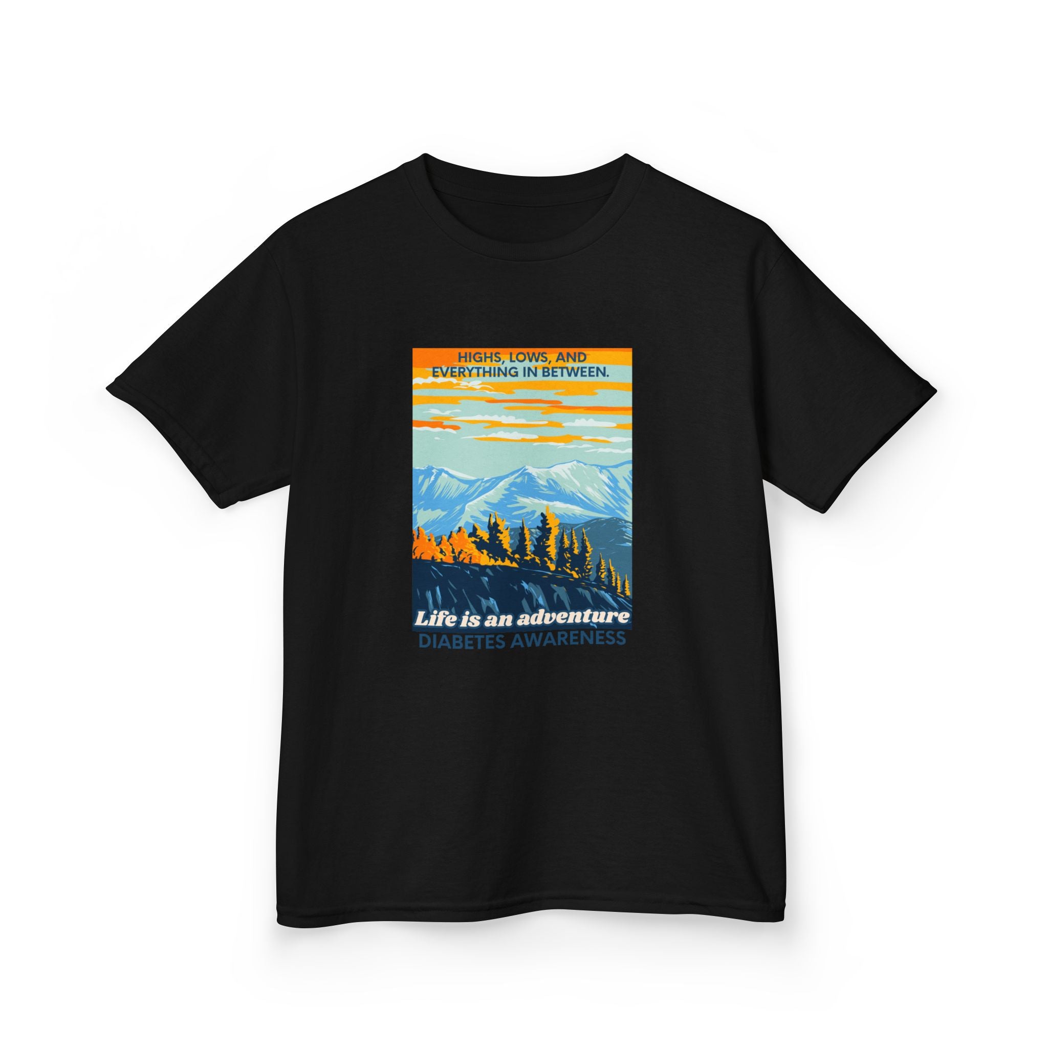 The Diabuddies Store Life is an Adventure, Highs & Lows - kids Tee Life is an Adventure, Highs & Lows - kids Tee: Hey adventurers! 🎉 Get ready to explore the world in our Diabetes: Life is an Adventure - Kids Tee! This super cool and comfy t-shirt is per