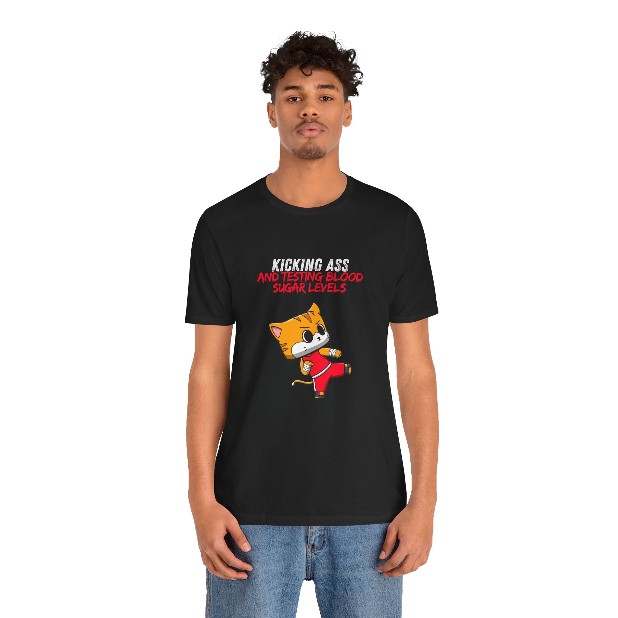 The Diabuddies Store Kicking Ass and Testing Blood Sugar Levels - Unisex Tee Kicking Ass and Testing Blood Sugar Levels - Unisex Tee: This tee is for anyone who faces their daily diabetes routine with a fighting spirit and a good dose of humor. T-Shirts $