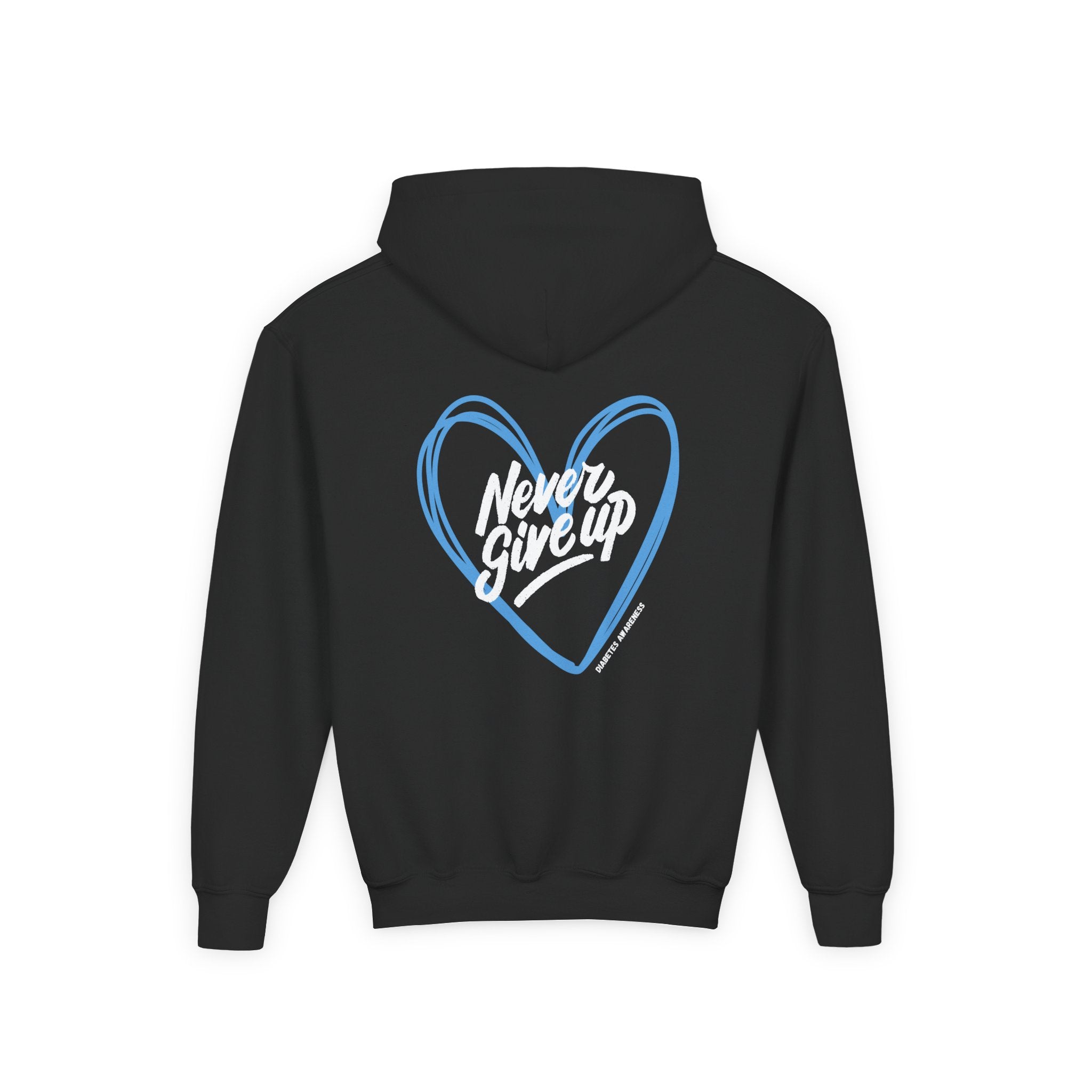 The Diabuddies Store Never Give Up! - Youth Hoodie A powerful statement for the young warriors of the diabetes community. This super soft, comfortable hoodie is the perfect way to share a message of strength, resilience, and hope. Hoodies Kids clothes Awa