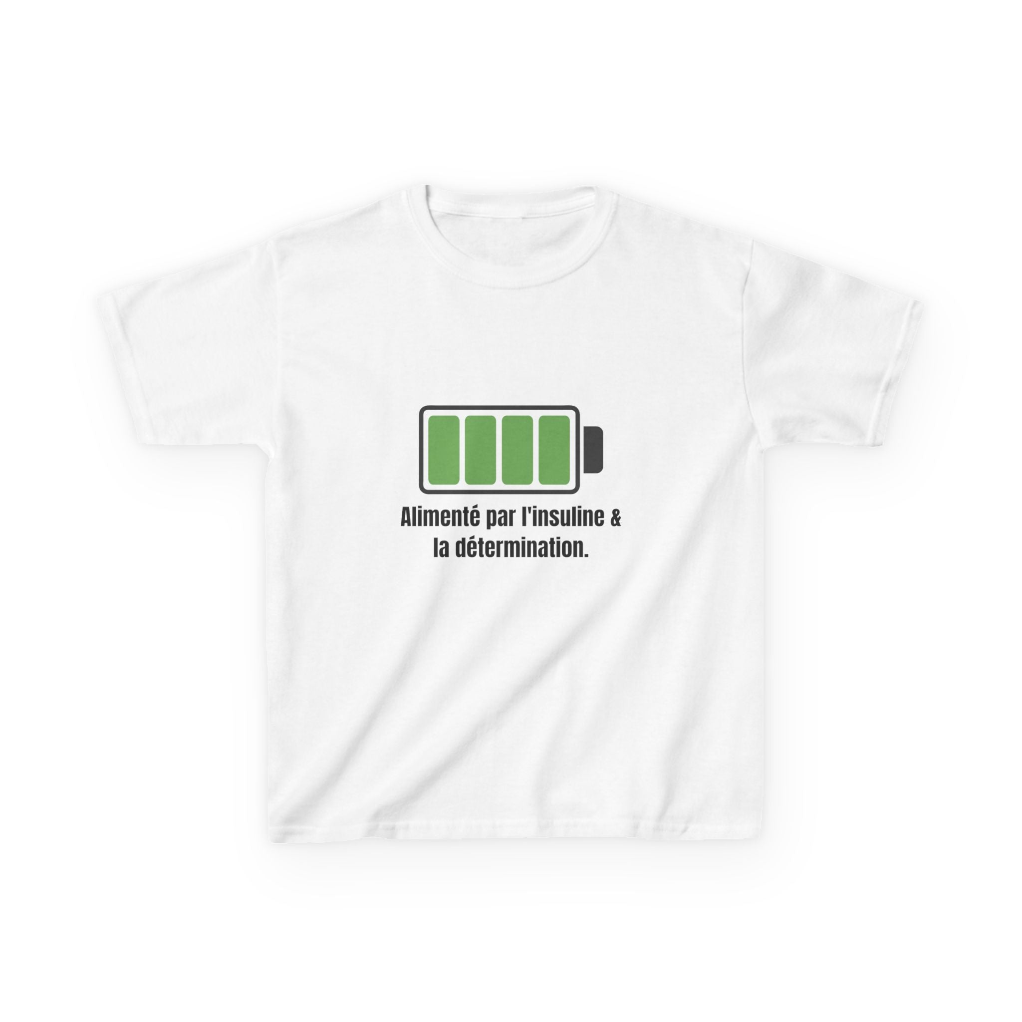 The Diabuddies Store Powered by Insulin (French) - Kids Tee Powered by Insulin (French) - Kids Tee: Hey, super kid! Show off your power with our "Alimenté par l'insuline & la détermination" tee! This soft, comfy shirt lets everyone know how awesome you ar