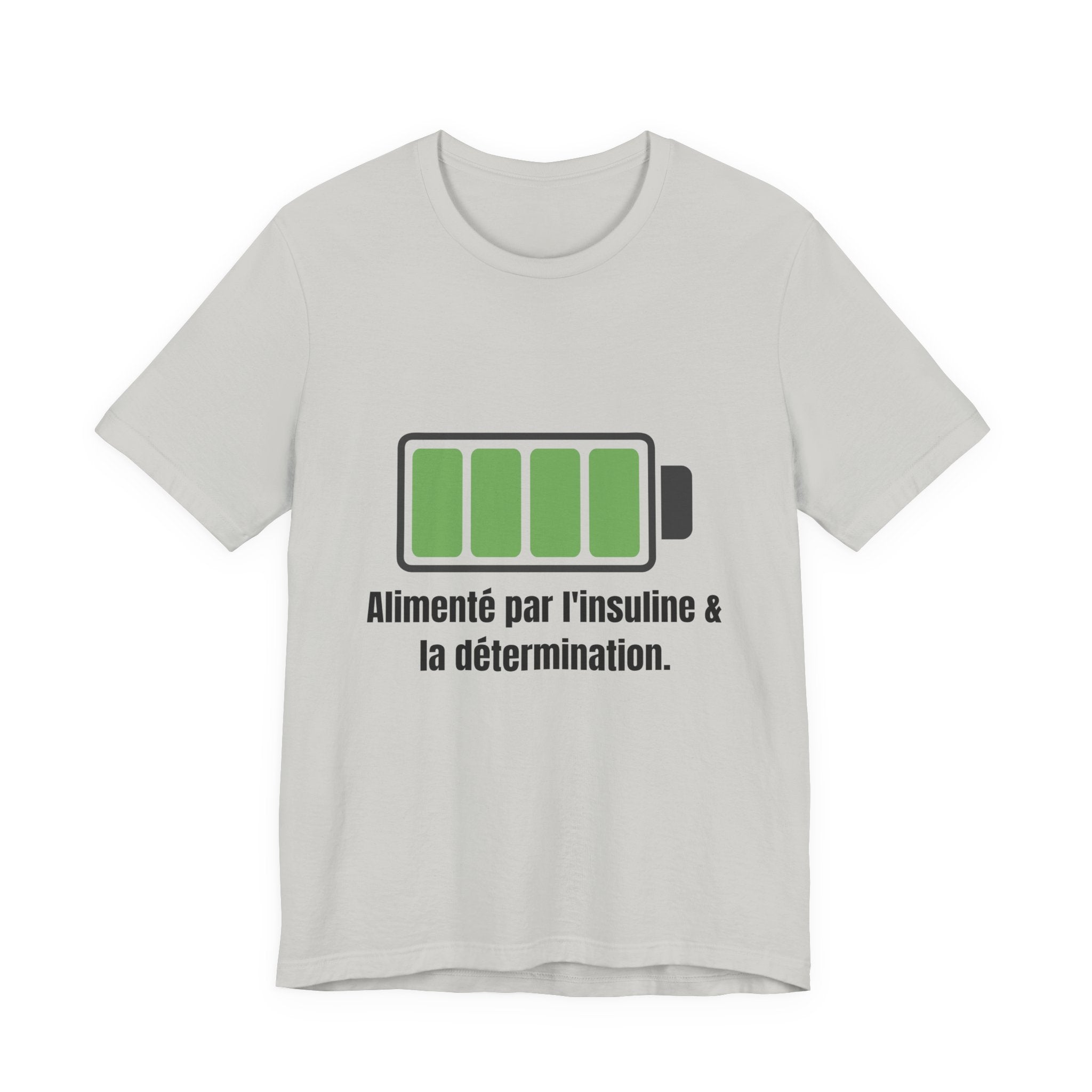 The Diabuddies Store Powered By Insulin (French) - Unisex Tee Powered By Insulin (French) - Unisex Tee: Wear your power with pride! Our "Alimenté par l'insuline et la détermination" Unisex Tee is a bold, comfortable statement of strength and gratitude. T-