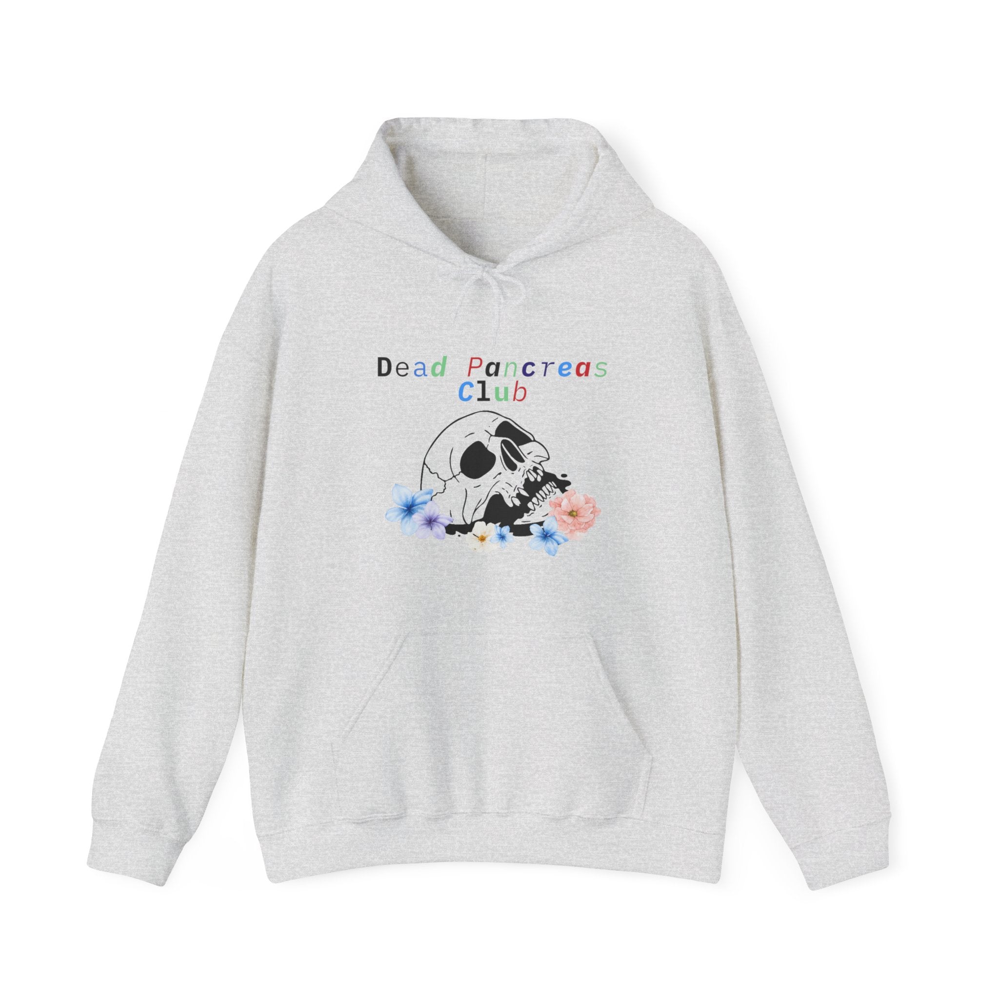The Diabuddies Store Skull & Flowers, Dead Pancreas Club - Unisex Hoodie Skull & Flowers, Dead Pancreas Club - Unisex Hoodie: Cozy defiance! This unique hoodie blends skulls, flowers, and "Dead Pancreas Club" for a raw, humorous take on life with diabetes