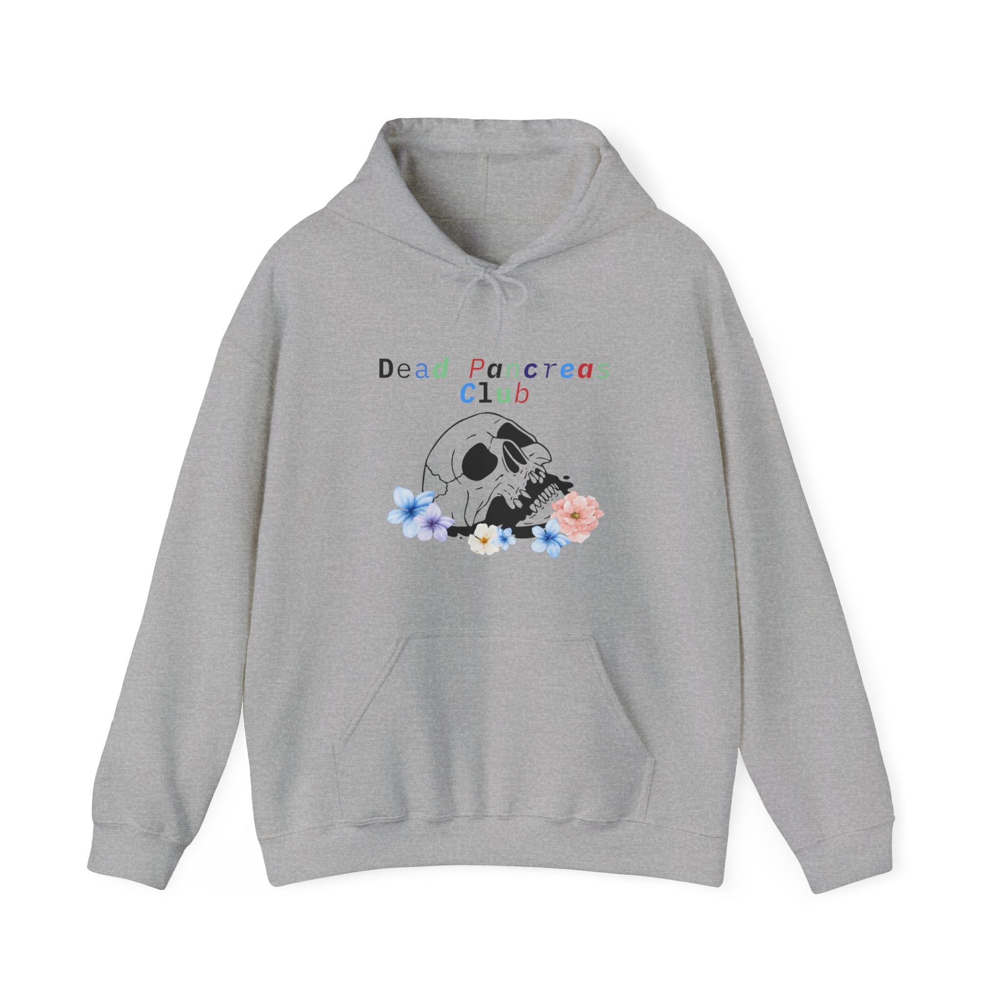 The Diabuddies Store Skull & Flowers, Dead Pancreas Club - Unisex Hoodie Skull & Flowers, Dead Pancreas Club - Unisex Hoodie: Cozy defiance! This unique hoodie blends skulls, flowers, and "Dead Pancreas Club" for a raw, humorous take on life with diabetes