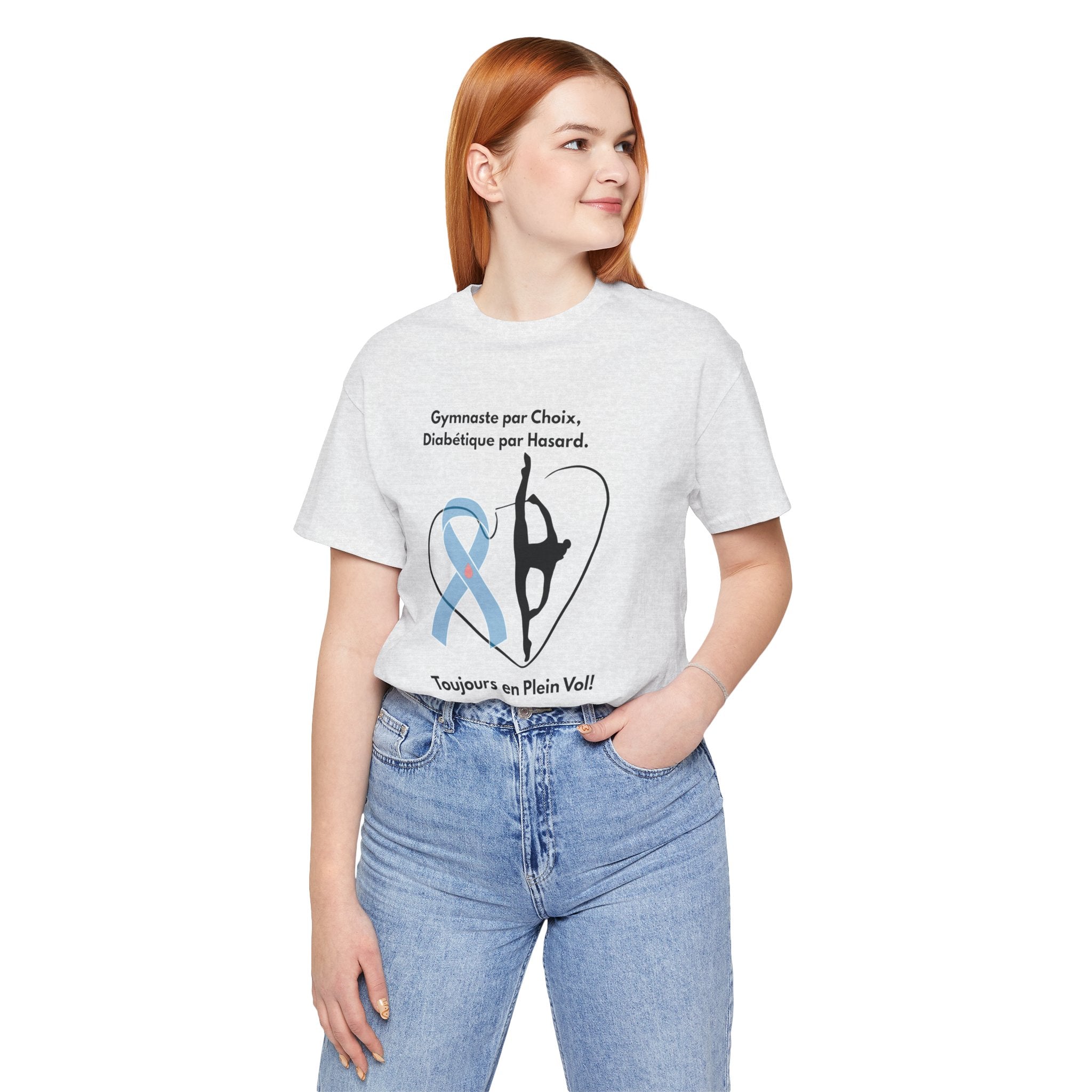 The Diabuddies Store Diabetes & Gymnastics (French) - Unisex Tee Diabetes & Gymnastics (French) - Unisex Tee: Defy expectations and tumble forward! This comfortable racerback tank is designed for the resilient gymnast who manages diabetes with grace and s