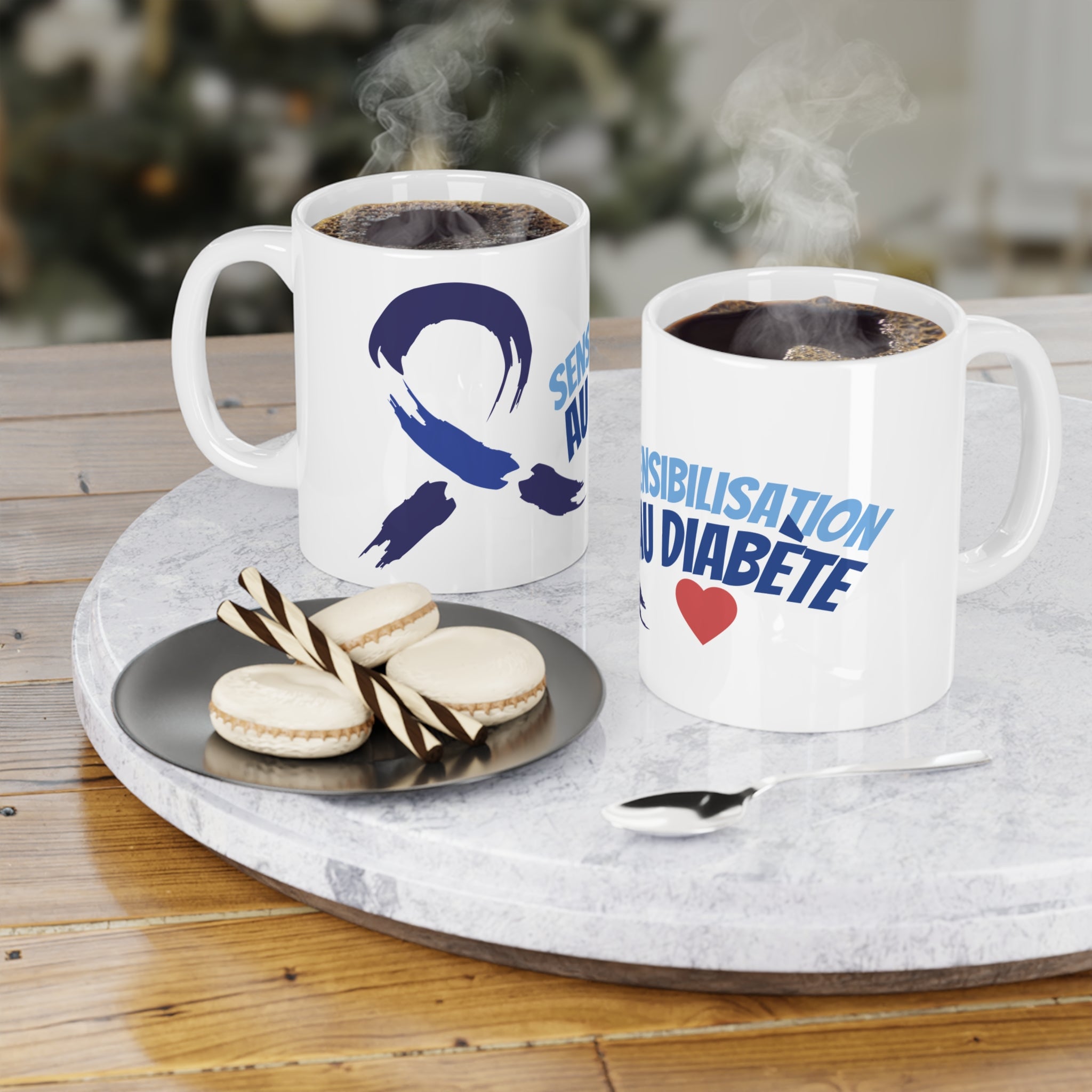 The Diabuddies Store Blue Ribbon & Heart (French) - Mug 11oz Blue Ribbon & Heart (French) - Mug 11oz: Show your support and raise awareness with this meaningful Blue Ribbon & Heart 11oz Mug. A perfect way to honor, remember, or advocate for a cause close