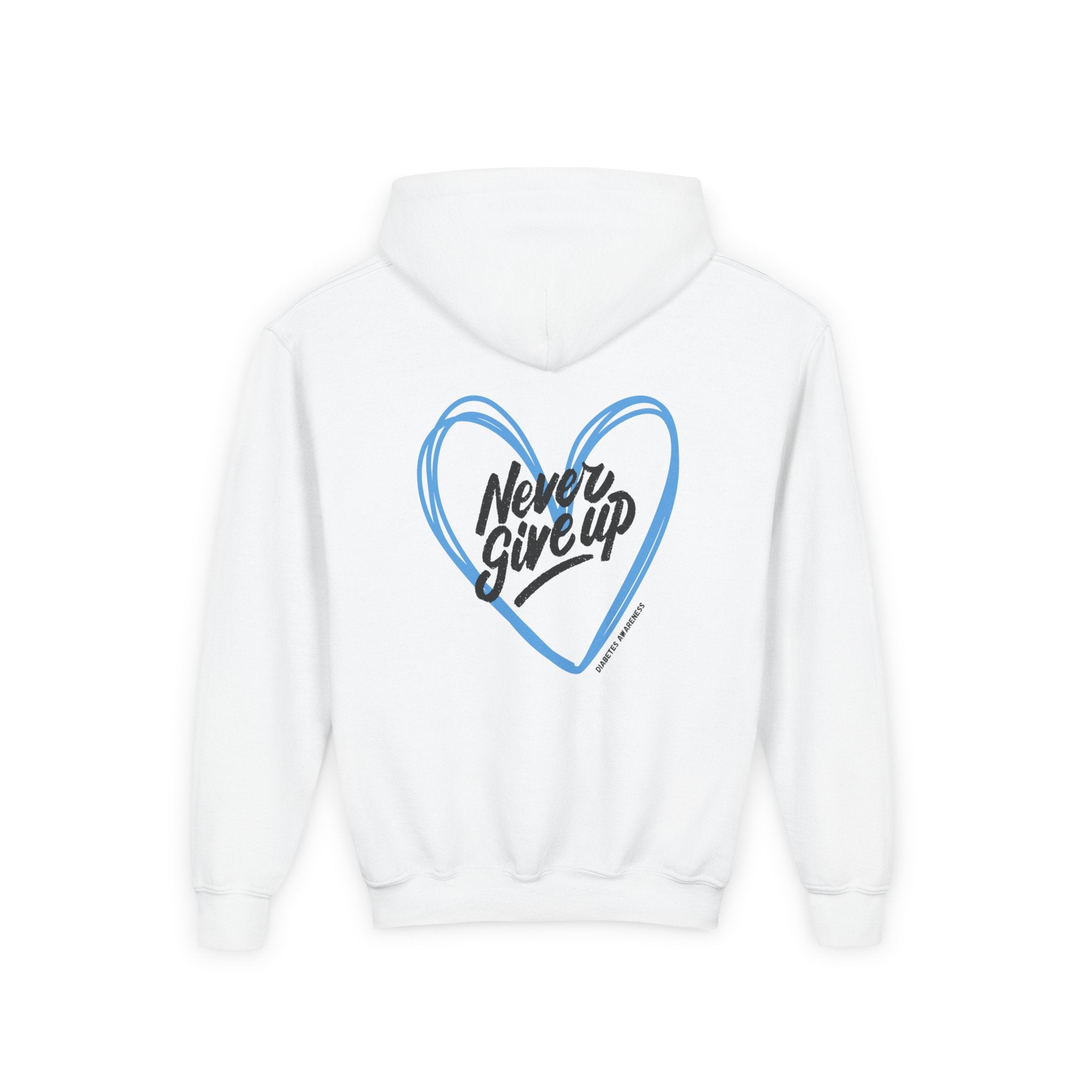 The Diabuddies Store Never Give Up! - Youth Hoodie A powerful statement for the young warriors of the diabetes community. This super soft, comfortable hoodie is the perfect way to share a message of strength, resilience, and hope. Hoodies Kids clothes Awa