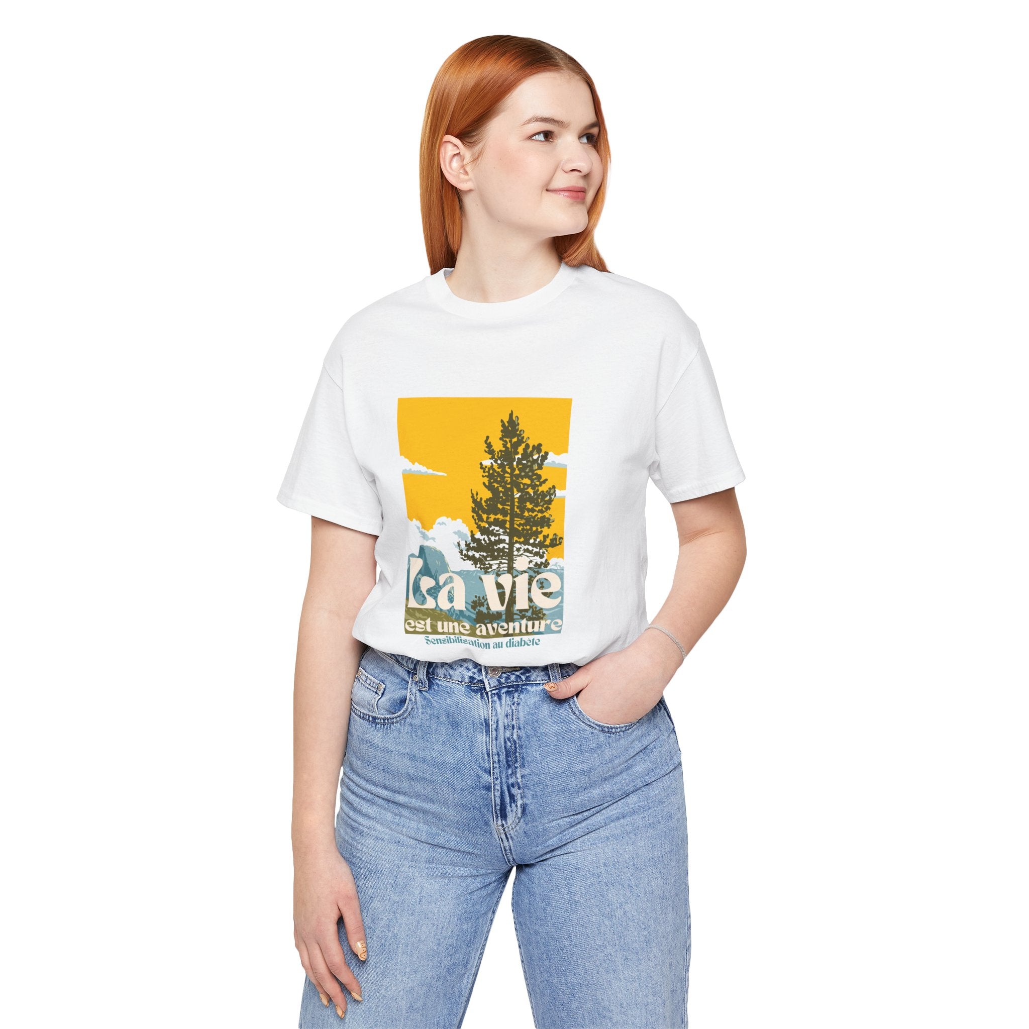 The Diabuddies Store Life is an Adventure, Nature (French) - Unisex Tee Life is an Adventure, Nature (French) - Unisex Tee: Embrace the call of the wild with our "La vie est une aventure" Unisex Tee. This shirt is for anyone who finds their soul in the gr