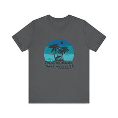 The Diabuddies Store Catching Waves, Checking Levels - Unisex Tee Catching Waves, Checking Levels - Unisex Tee: Hit the beach or the studio in comfort with our "Catching Waves, Checking Levels..." tee, designed for everyone, including those managing diabe