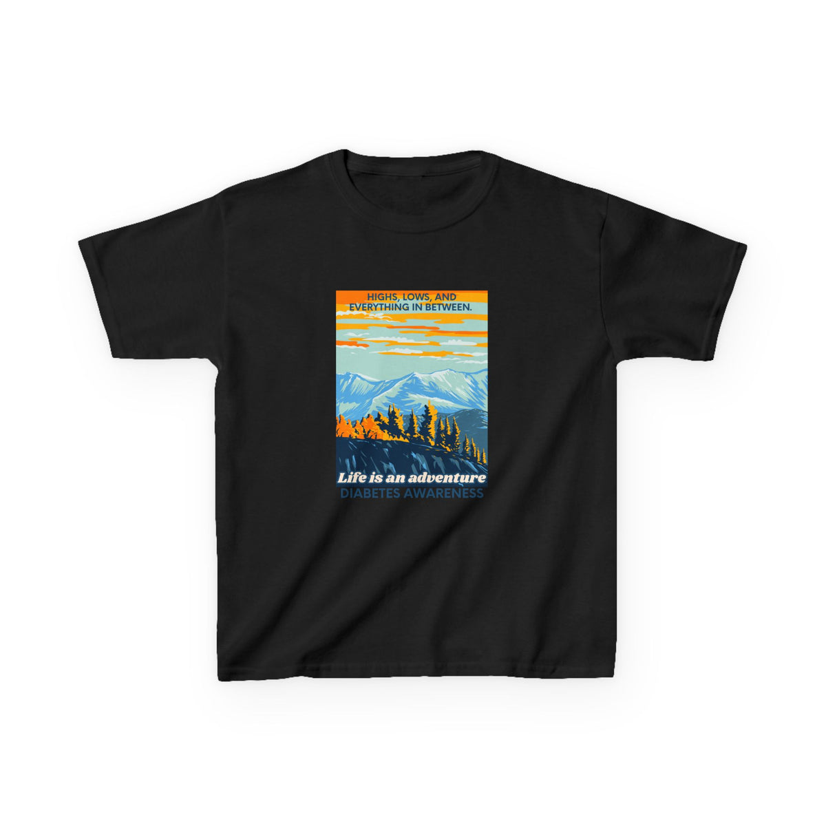 The Diabuddies Store Life is an Adventure, Highs & Lows - kids Tee Life is an Adventure, Highs & Lows - kids Tee: Hey adventurers! 🎉 Get ready to explore the world in our Diabetes: Life is an Adventure - Kids Tee! This super cool and comfy t-shirt is per