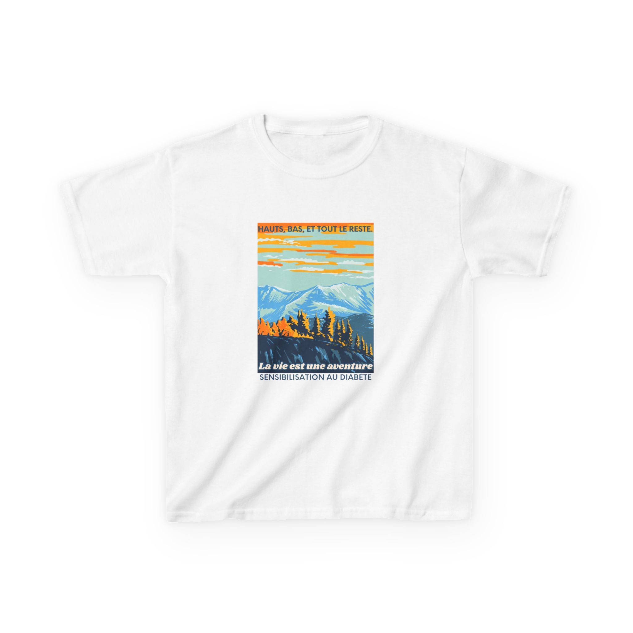 The Diabuddies Store Life is an Adventure, Highs & Lows (French) - kids Tee Life is an Adventure, Highs & Lows (French) - kids Tee: Hey adventurers! 🎉 Get ready to explore the world in our Diabetes: Life is an Adventure - French Kids Tee! This super cool