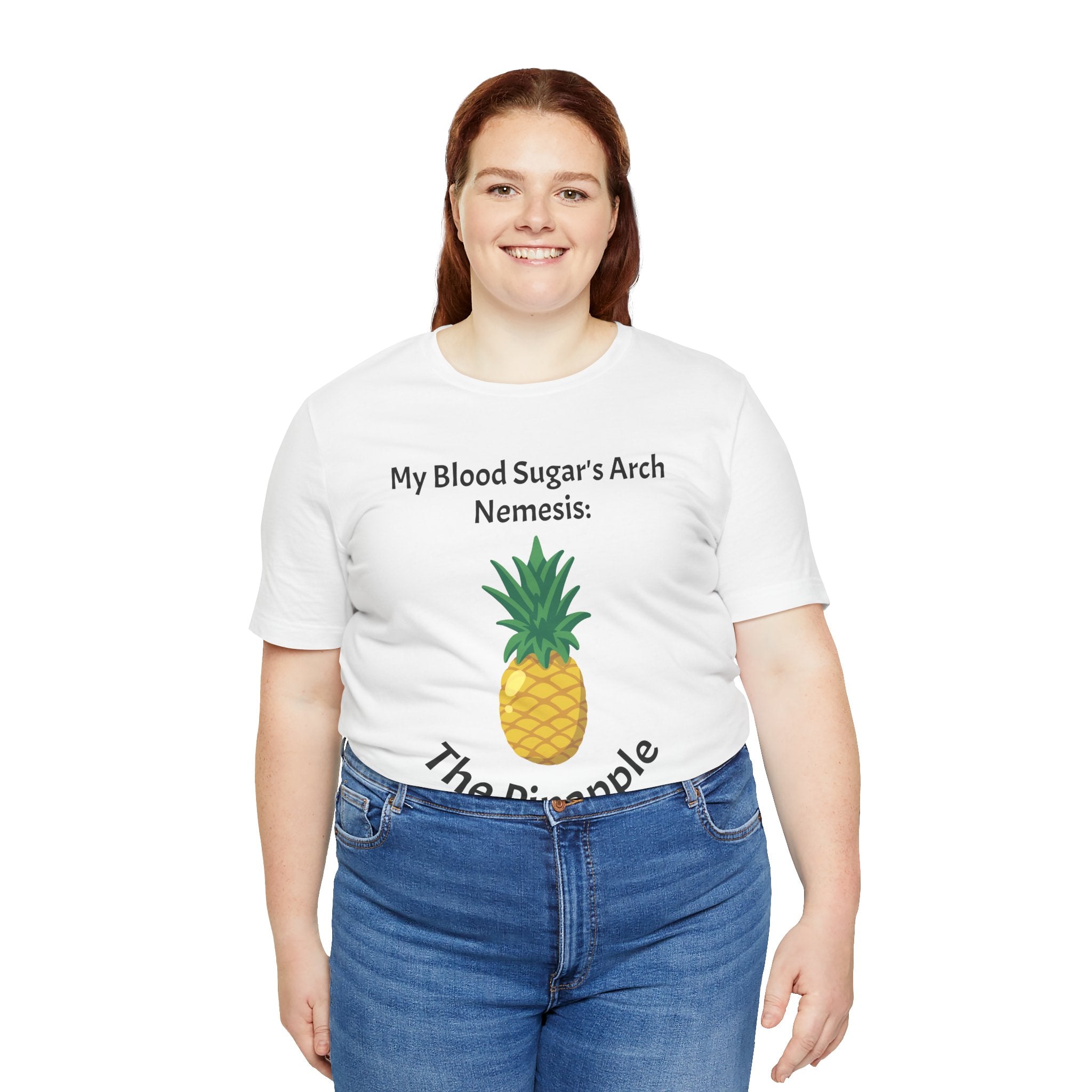 The Diabuddies Store Blood Sugar's Arch Nemesis: The Pineapple - Unisex Tee Blood Sugar's Arch Nemesis: The Pineapple - Unisex Tee: Embrace the delicious struggle! This tee humorously declares the pineapple as blood sugar's arch nemesis, a relatable nod f