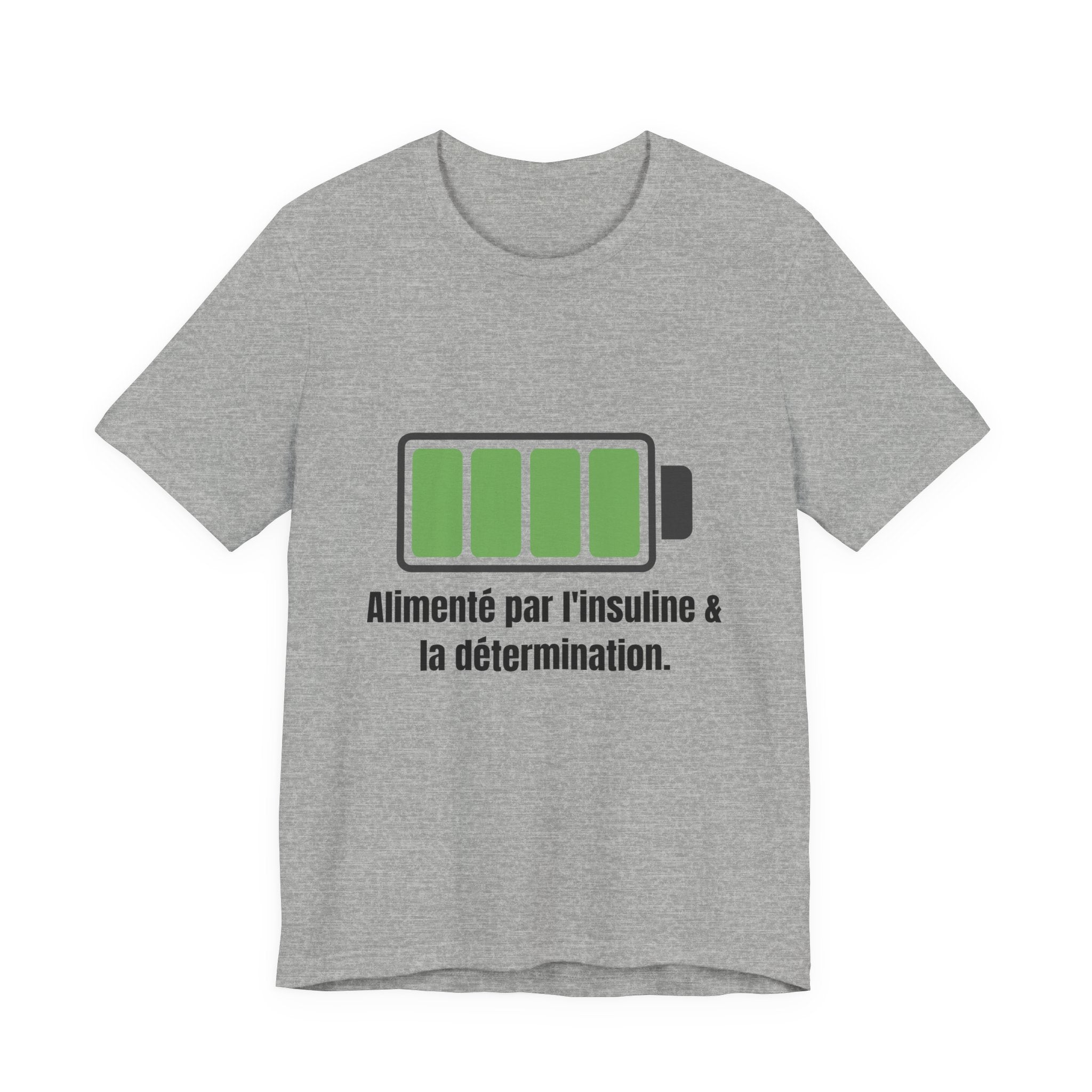 The Diabuddies Store Powered By Insulin (French) - Unisex Tee Powered By Insulin (French) - Unisex Tee: Wear your power with pride! Our "Alimenté par l'insuline et la détermination" Unisex Tee is a bold, comfortable statement of strength and gratitude. T-