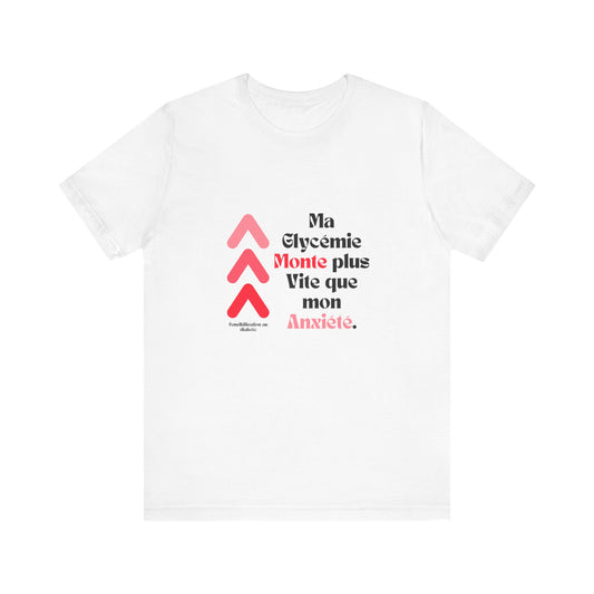 The Diabuddies Store Spiking Faster than my Anxiety (French) - Unisex Tee Get ready to make a statement without saying a word. Our "Ma glycémie monte plus vite que mon anxiété" French Unisex Tee is for anyone who knows the feeling of their blood sugar tak