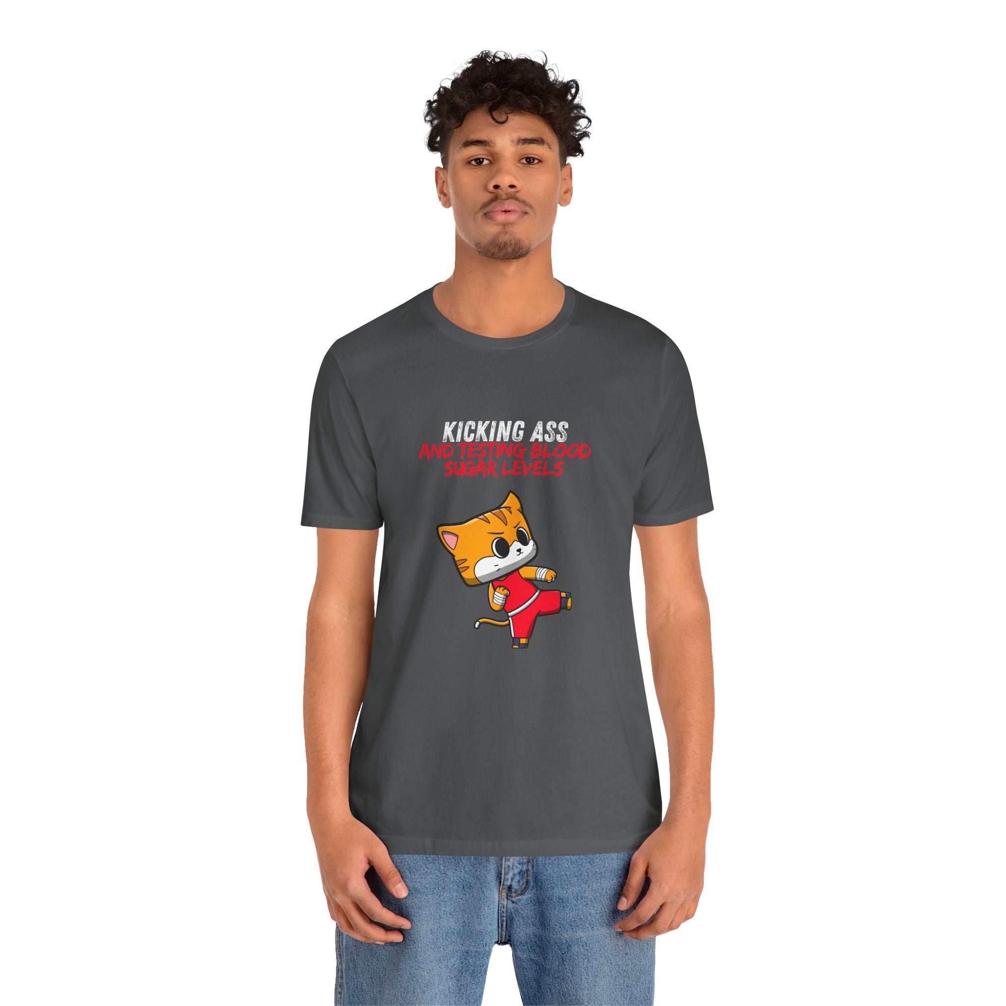 The Diabuddies Store Kicking Ass and Testing Blood Sugar Levels - Unisex Tee Kicking Ass and Testing Blood Sugar Levels - Unisex Tee: This tee is for anyone who faces their daily diabetes routine with a fighting spirit and a good dose of humor. T-Shirts $