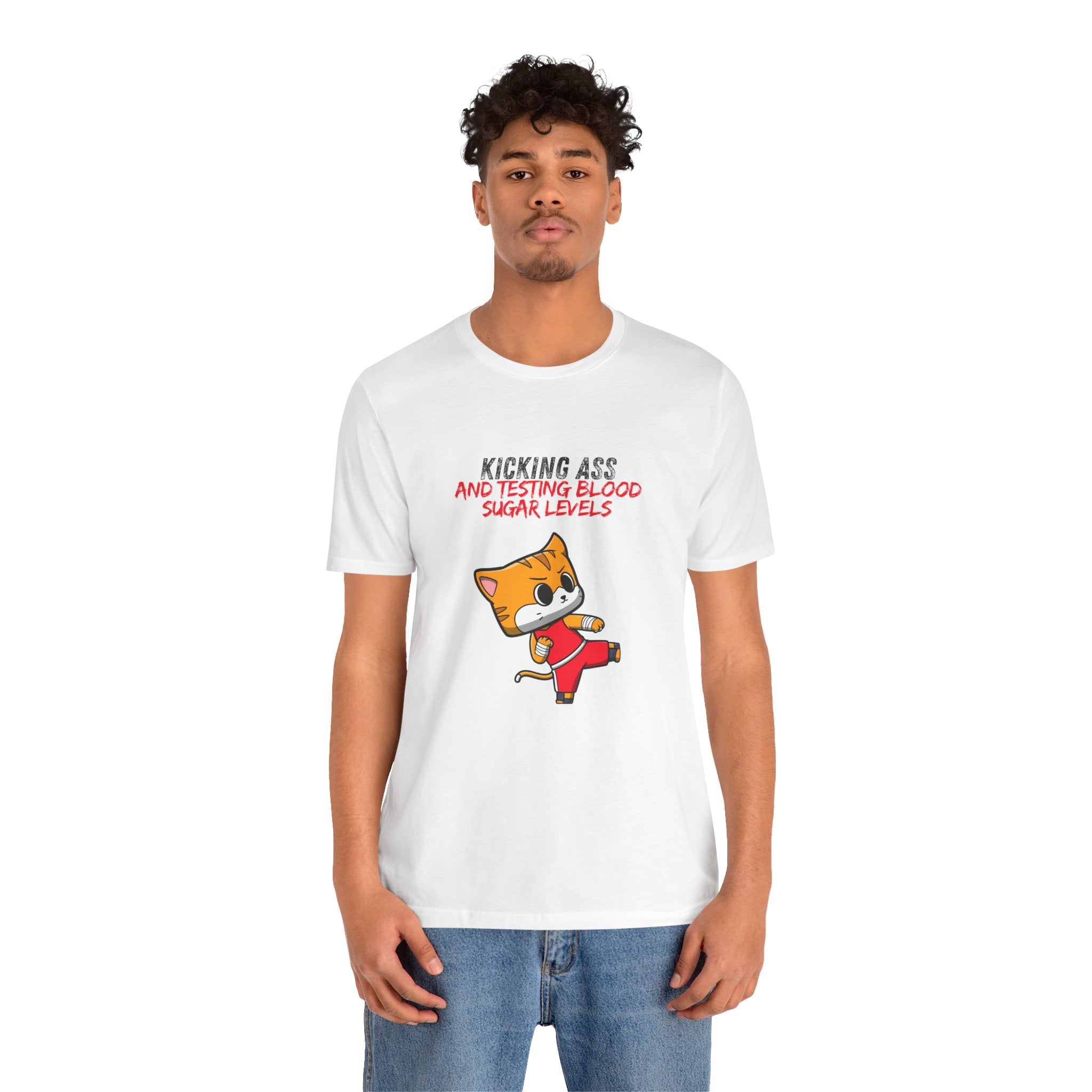 The Diabuddies Store Kicking Ass and Testing Blood Sugar Levels - Unisex Tee Kicking Ass and Testing Blood Sugar Levels - Unisex Tee: This tee is for anyone who faces their daily diabetes routine with a fighting spirit and a good dose of humor. T-Shirts $