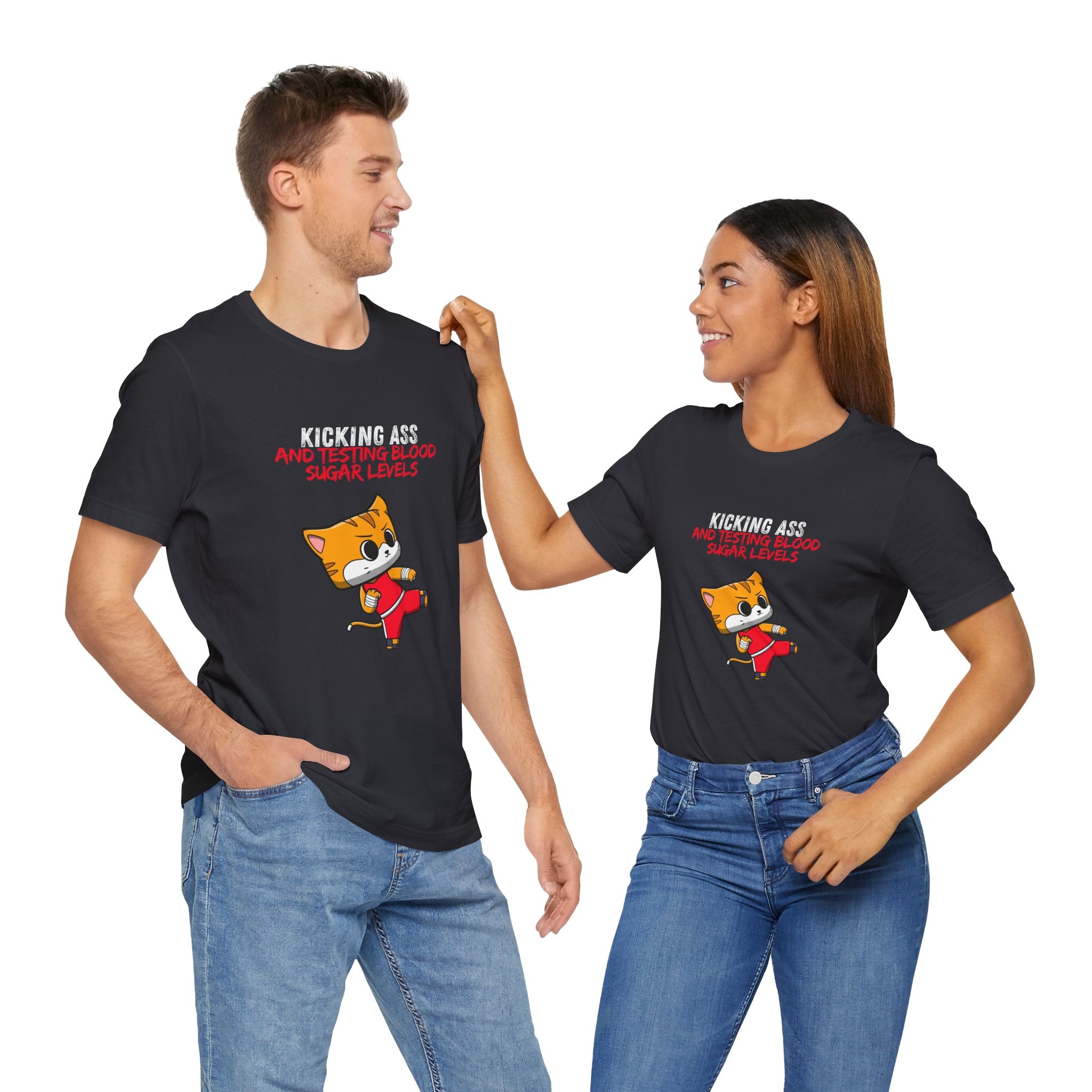 The Diabuddies Store Kicking Ass and Testing Blood Sugar Levels - Unisex Tee Kicking Ass and Testing Blood Sugar Levels - Unisex Tee: This tee is for anyone who faces their daily diabetes routine with a fighting spirit and a good dose of humor. T-Shirts $