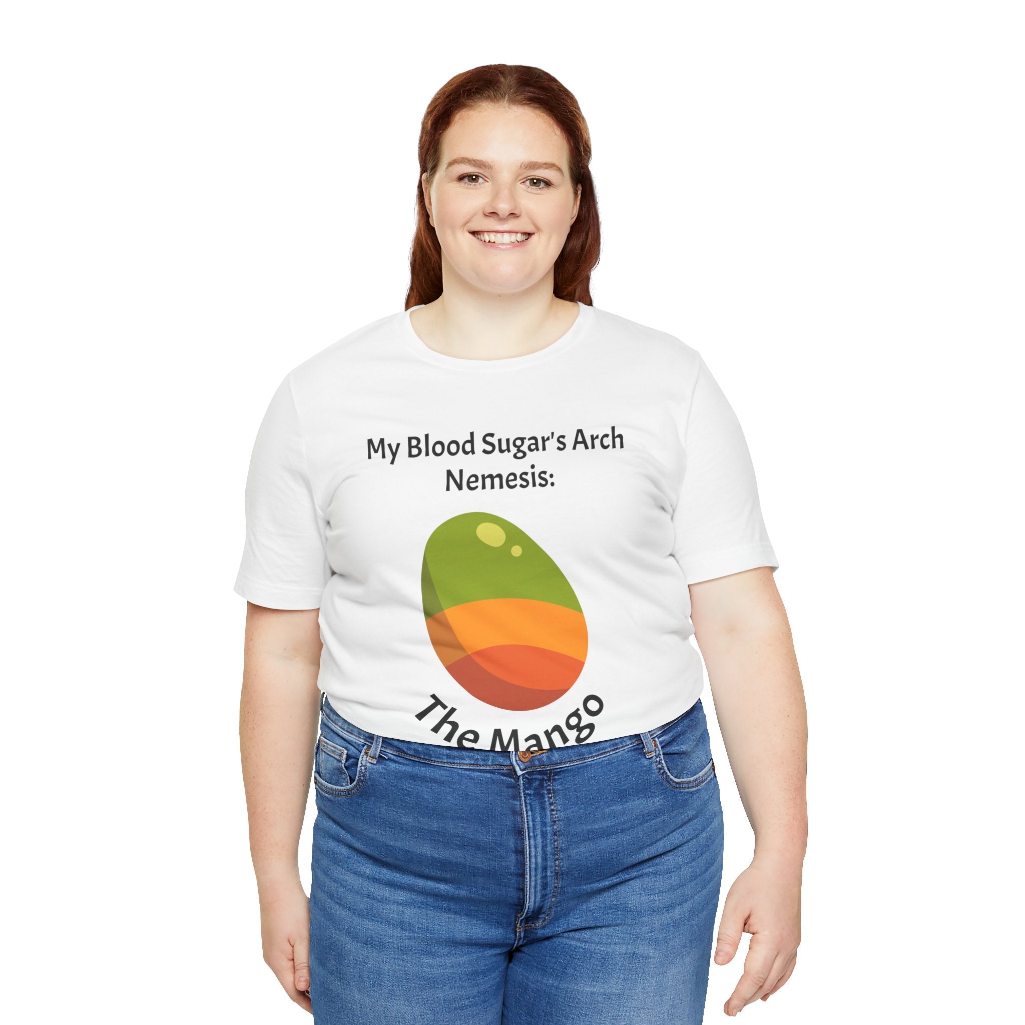 The Diabuddies Store Blood Sugar's Arch Nemesis: The Mango - Unisex Tee Blood Sugar's Arch Nemesis: The Mango - Unisex Tee: Embrace the delicious struggle! This tee humorously declares the mango as blood sugar's arch nemesis, a relatable nod for anyone ma