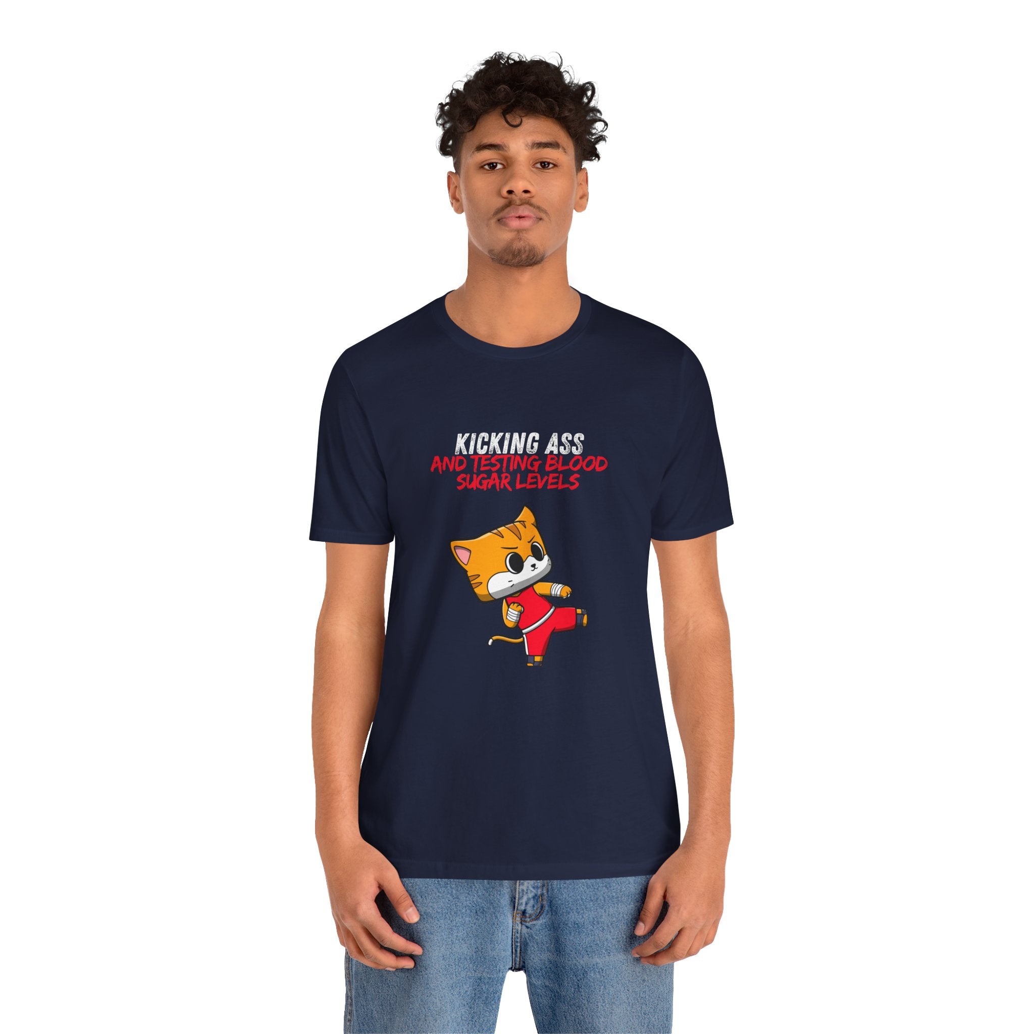 The Diabuddies Store Kicking Ass and Testing Blood Sugar Levels - Unisex Tee Kicking Ass and Testing Blood Sugar Levels - Unisex Tee: This tee is for anyone who faces their daily diabetes routine with a fighting spirit and a good dose of humor. T-Shirts $