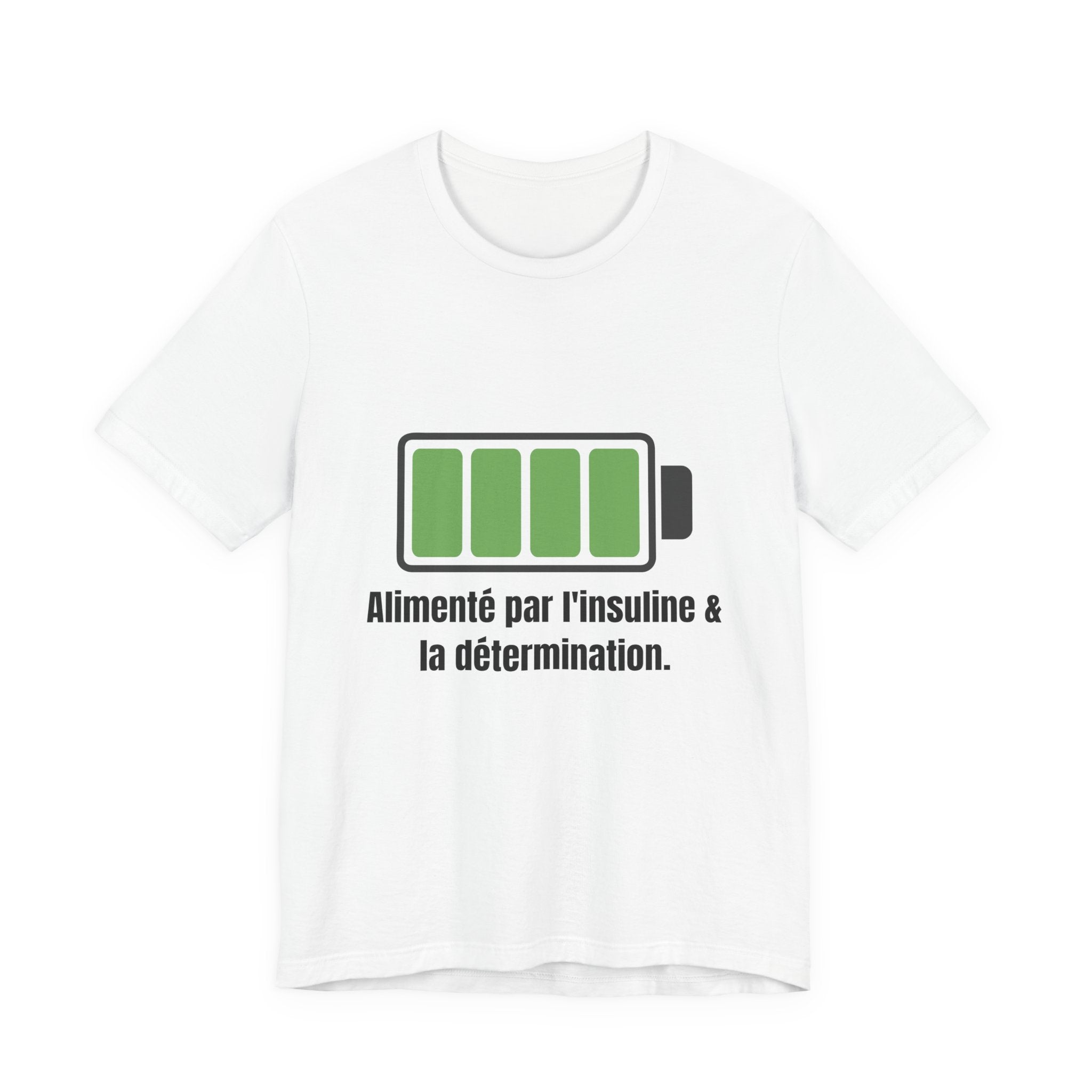The Diabuddies Store Powered By Insulin (French) - Unisex Tee Powered By Insulin (French) - Unisex Tee: Wear your power with pride! Our "Alimenté par l'insuline et la détermination" Unisex Tee is a bold, comfortable statement of strength and gratitude. T-