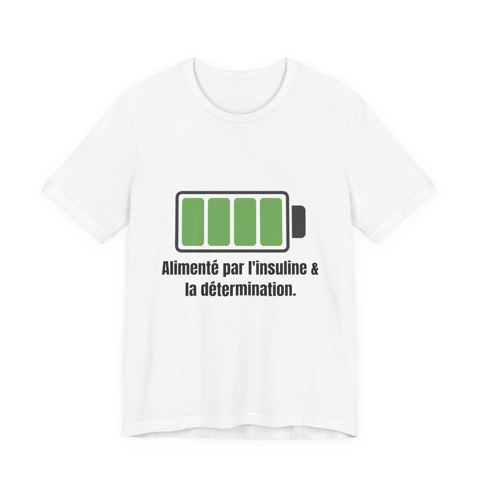 The Diabuddies Store Powered By Insulin (French) - Unisex Tee Powered By Insulin (French) - Unisex Tee: Wear your power with pride! Our "Alimenté par l'insuline et la détermination" Unisex Tee is a bold, comfortable statement of strength and gratitude. $2