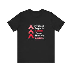 The Diabuddies Store Spiking Faster than my Anxiety - Unisex Tee Get ready to make a statement without saying a word. Our "Spiking Faster Than My Anxiety" Unisex Tee is for anyone who knows the feeling of their blood sugar taking off at warp speed. It's a