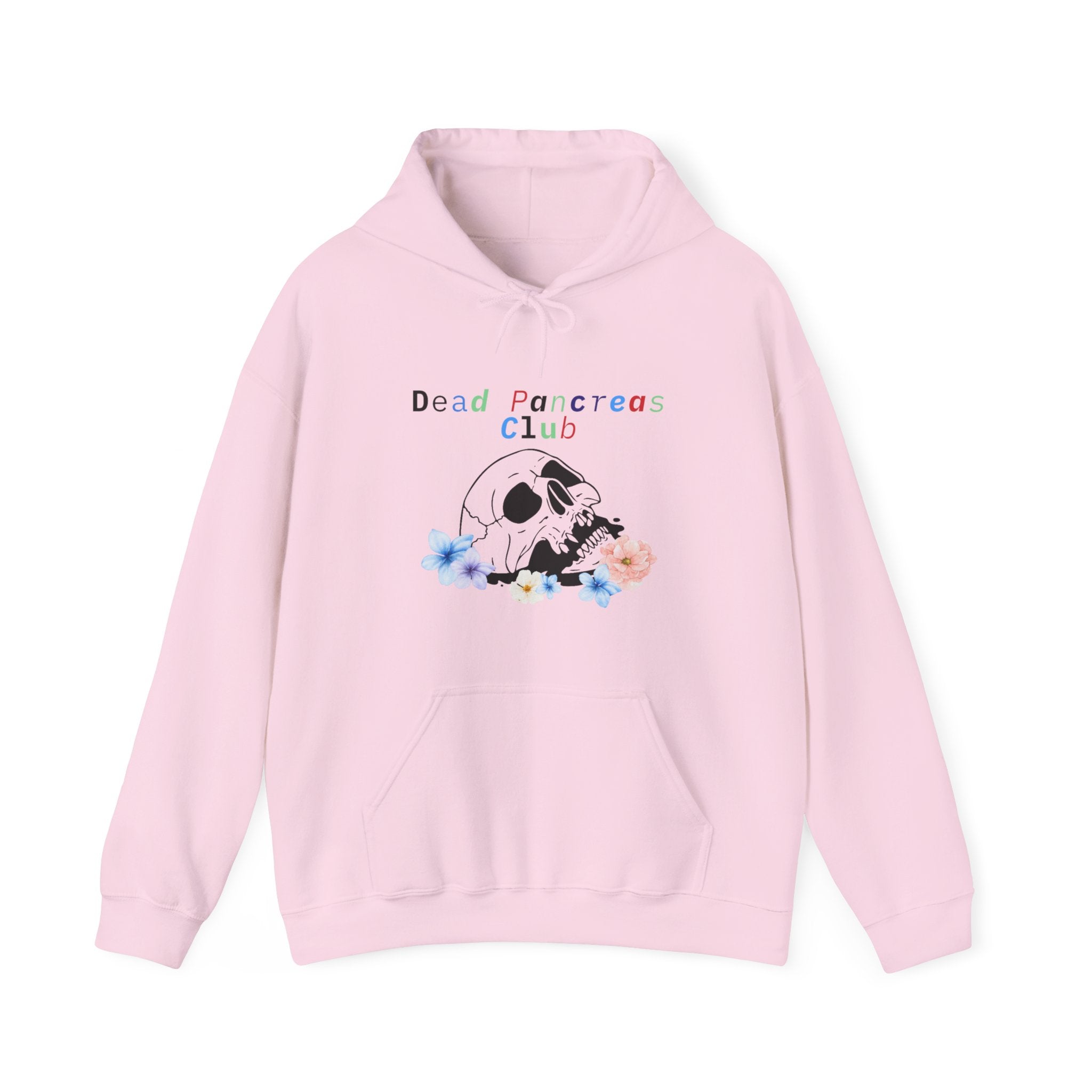 The Diabuddies Store Skull & Flowers, Dead Pancreas Club - Unisex Hoodie Skull & Flowers, Dead Pancreas Club - Unisex Hoodie: Cozy defiance! This unique hoodie blends skulls, flowers, and "Dead Pancreas Club" for a raw, humorous take on life with diabetes