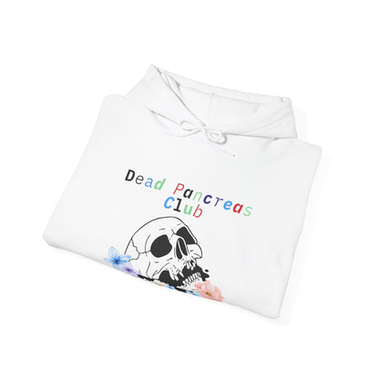 The Diabuddies Store Skull & Flowers, Dead Pancreas Club - Unisex Hoodie Skull & Flowers, Dead Pancreas Club - Unisex Hoodie: Cozy defiance! This unique hoodie blends skulls, flowers, and "Dead Pancreas Club" for a raw, humorous take on life with diabetes